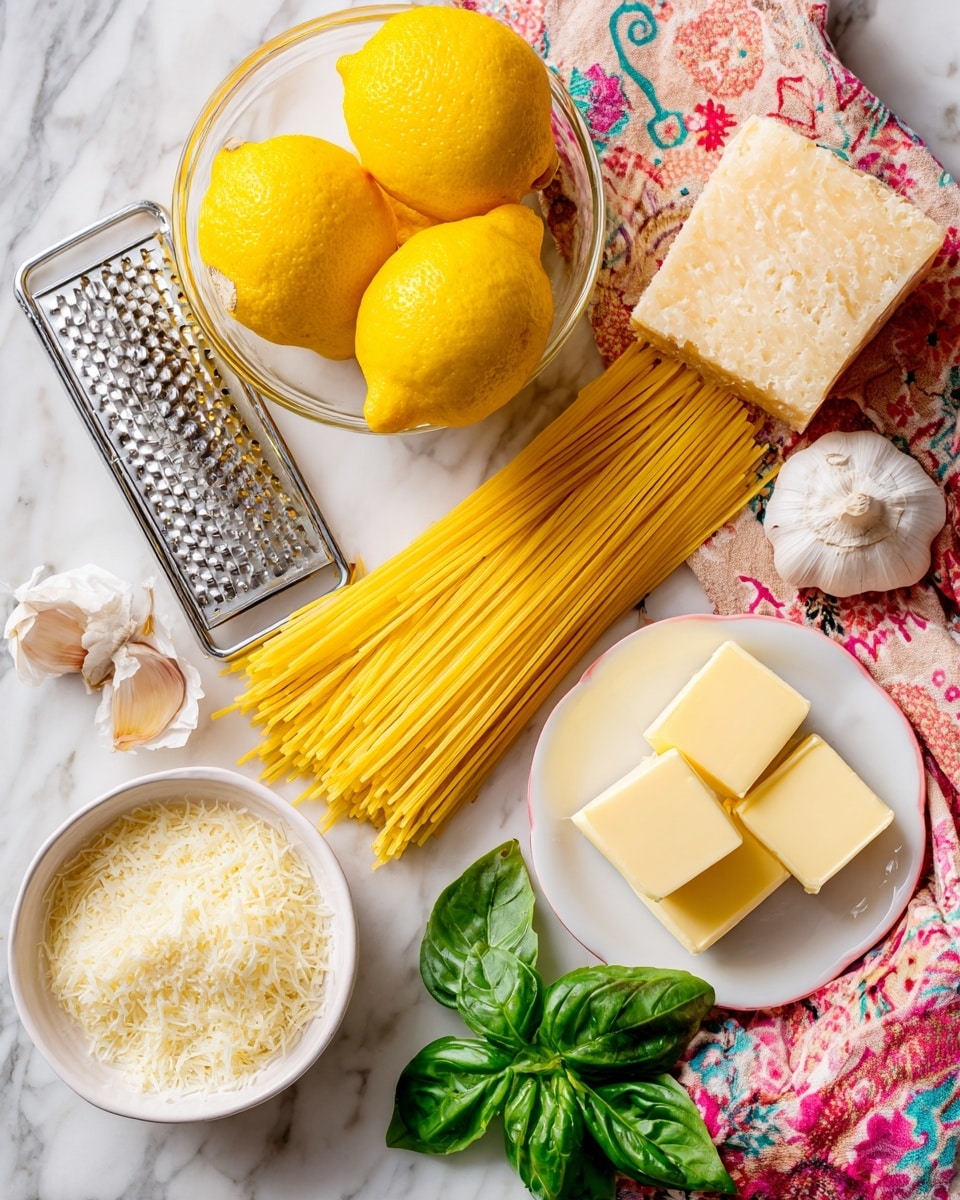 The image shows ingredients for cooking pasta arranged on a white marbled surface. A pile of uncooked yellow spaghetti lies spread out horizontally in the center. At the bottom left, there is a white bowl with grated cheese and a metal grater resting inside it, next to a block of cheese with a textured rind. Above the spaghetti, there are two bright yellow lemons in a clear glass bowl. To the right, a white plate holds four small rectangular pats of butter. A colorful cloth with pink, white, and brown patterns is partially under the plate. Fresh green basil leaves and a peeled garlic bulb with cloves are placed nearby on the right side. photo taken with an iphone --ar 4:5 --v 7