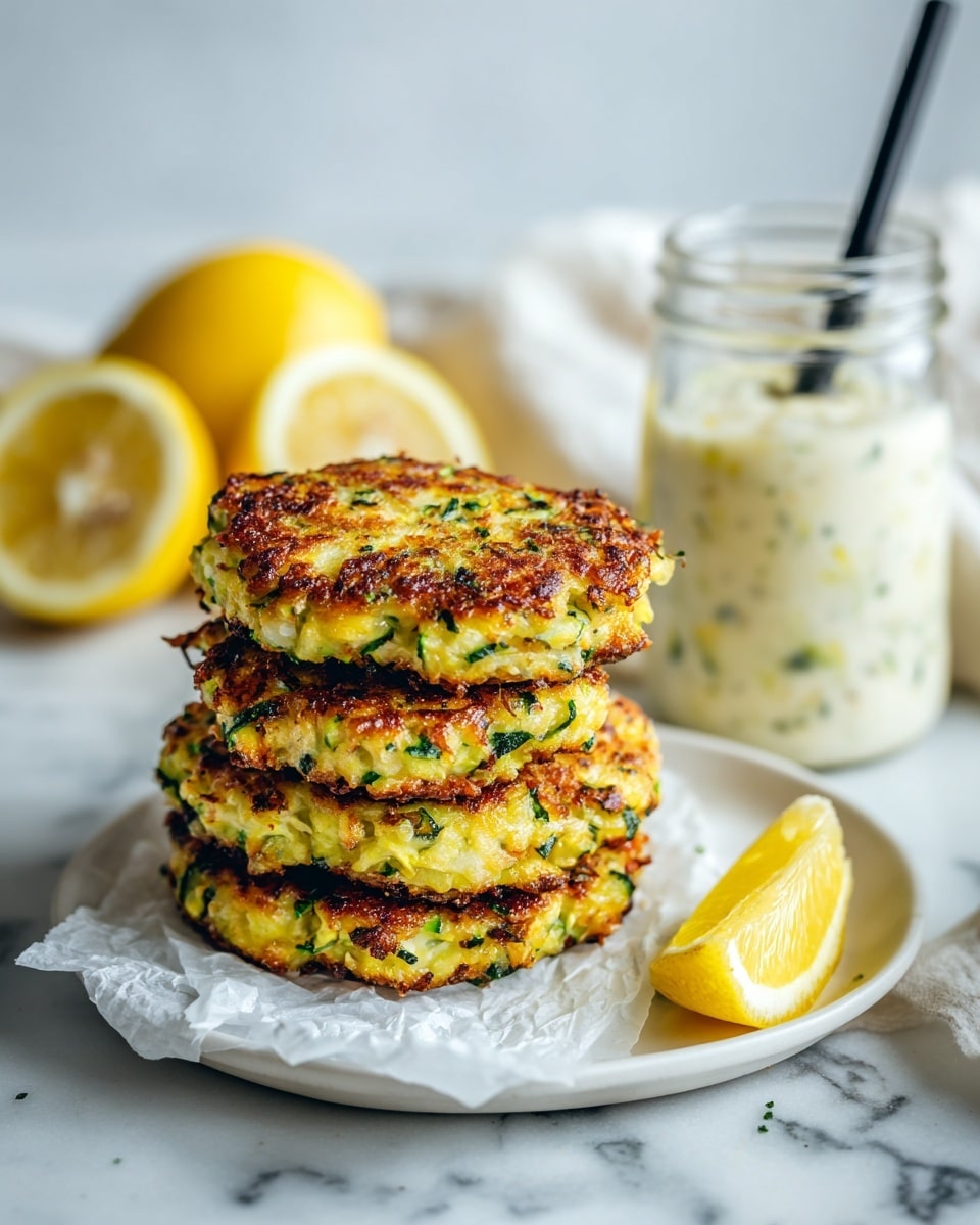 A stack of four crispy zucchini fritters with a golden-brown crust and visible green zucchini bits is placed on white parchment paper on a white plate. To the right of the fritters is a bright yellow lemon wedge. Behind the plate, there is a clear glass jar filled with a creamy white sauce with herbs, and a black straw sticks out of it. In the background, two halved lemons sit on a white marbled surface. The scene is bright and well-lit. photo taken with an iphone --ar 4:5 --v 7