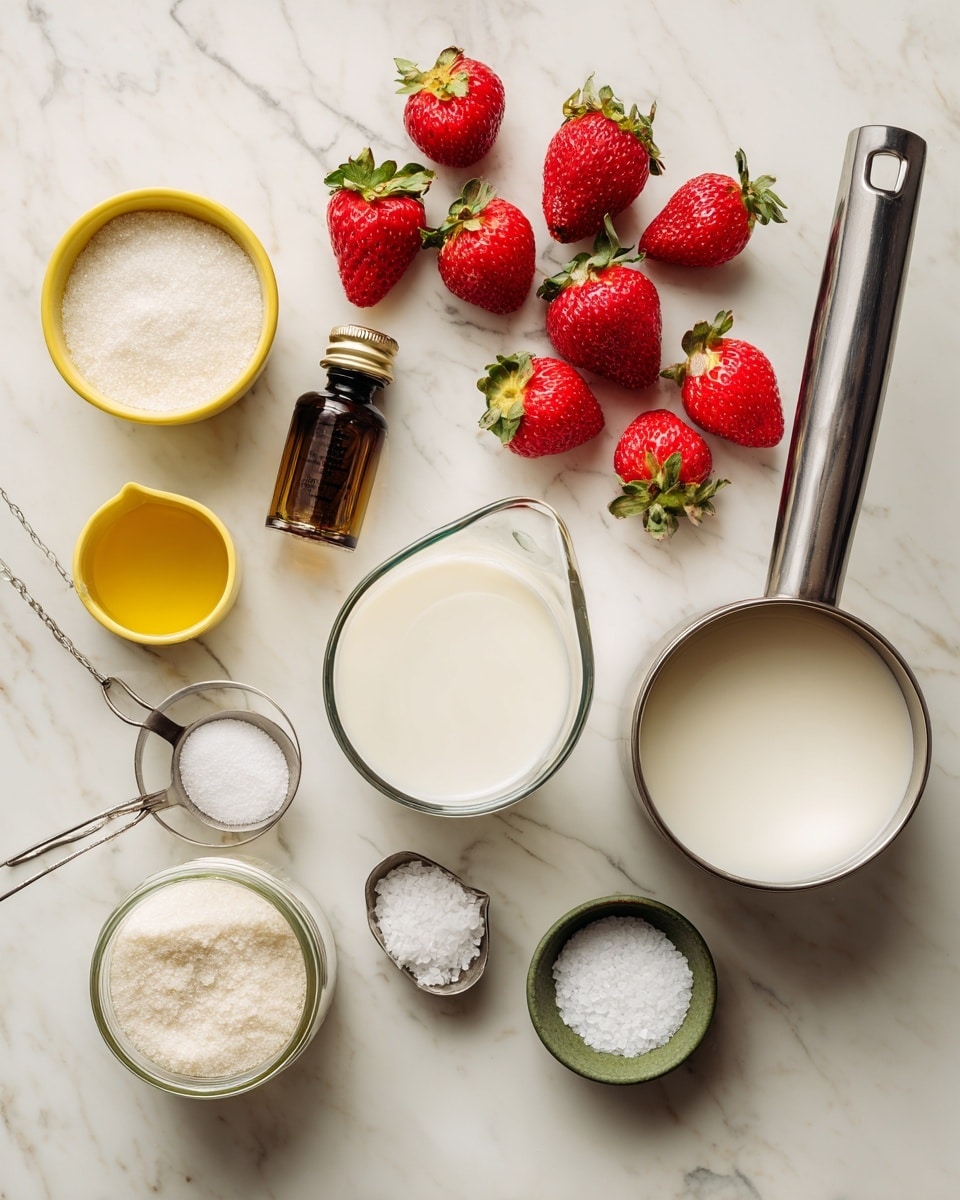 The image shows a white marbled surface with a group of ingredients for a recipe arranged neatly. There is a metal pot with a black handle at the top right corner. Near the pot are 5 fresh red strawberries with green tops scattered around. In the center is a glass measuring cup filled with a white liquid, next to it on the right is a glass jar filled with a similar white liquid. Below the measuring cup is a small bottle of dark vanilla extract. To the left are two yellow measuring cups, one filled with a white granulated ingredient and the other empty. At the bottom left corner is an open glass jar full of granulated sugar. In the middle bottom part are two metal measuring spoons holding white powdery substances, and next to them on the right is a small green bowl filled with coarse salt. photo taken with an iphone --ar 4:5 --v 7