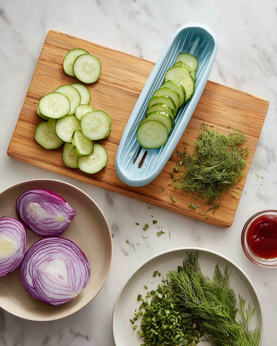The image shows a wooden cutting board on a white marbled surface, with a light blue slicer holding a partially sliced cucumber. Several thin, round cucumber slices lie scattered on the board near the slicer. In the bottom part of the image, there is a beige bowl filled with finely chopped green herbs and sprigs of fresh dill. To the right, a small clear glass bowl contains a red sauce. A white plate beneath holds two halves of a purple onion, one cut side up showing its layers and textures. Photo taken with an iphone --ar 4:5 --v 7
