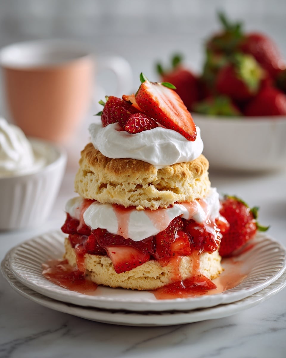 A white fluted plate holds a tall, layered strawberry shortcake placed on a white marbled surface. The bottom layer is a light brown biscuit with a crumbly texture. On top of it is a thick layer of bright red strawberry pieces, mixed with white whipped cream that looks soft and fluffy. Another biscuit, golden and slightly cracked on top, rests above the cream and strawberries. More strawberries and whipped cream fill the space between the layers, with some strawberry juice dripping down the sides, creating a mouth-watering effect. In the background, there's a white bowl with more strawberries and a peach-colored bowl with extra whipped cream, all on the same white marbled surface. Photo taken with an iphone --ar 4:5 --v 7