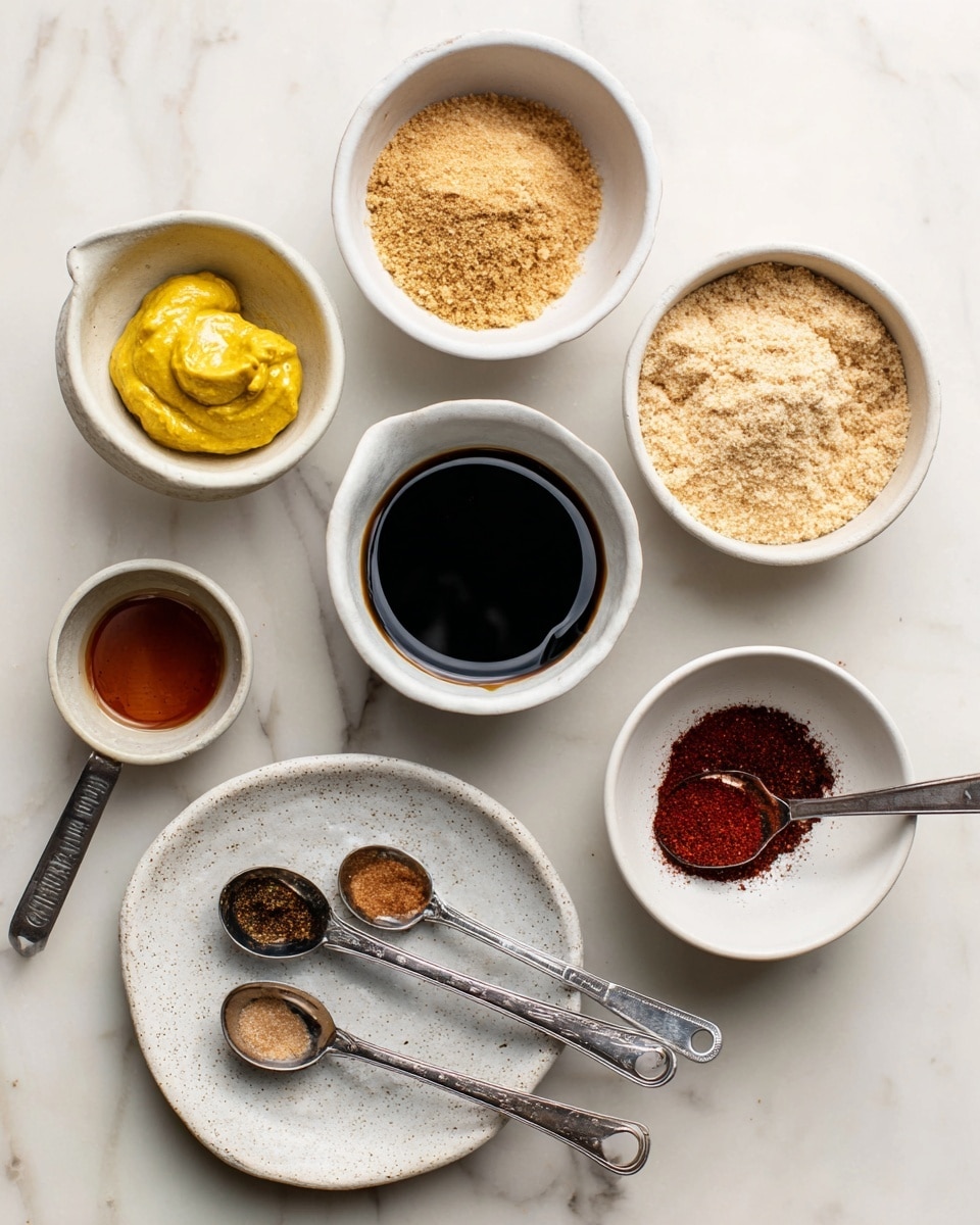 Seven small white bowls and a metal measuring cup are placed on a white marbled surface. Inside the bowls there are different ingredients: bright yellow mustard in the lower left bowl, dark soy sauce in the middle right bowl, light brown liquid in the upper right bowl, fine red spice powder in the lower right bowl, light brown sugar in the metal measuring cup upper left, and two bowls with finely ground beige powders in the upper middle and middle right. A white speckled plate below the mustard holds three metal measuring spoons with some brown spices on it. photo taken with an iphone --ar 4:5 --v 7