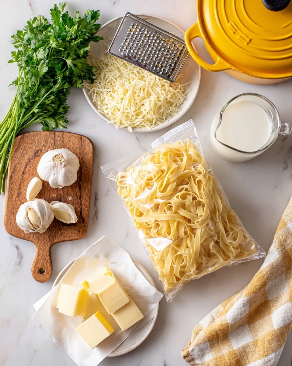 A clear plastic package of pale yellow fettuccine pasta sits in the center on a white marbled surface. To the left, there is a wooden board with fresh green parsley leaves and three peeled garlic cloves. Above the board, a white plate holds a coarse grater with a block of light beige cheese on top and shredded cheese below it. Below the garlic, there is a stick of butter cut into small yellow squares resting on white paper. To the right, a glass measuring cup containing milk is next to a pale yellow and white checkered cloth. In the top right corner, part of a large yellow pot with a lid is visible. Photo taken with an iphone --ar 4:5 --v 7