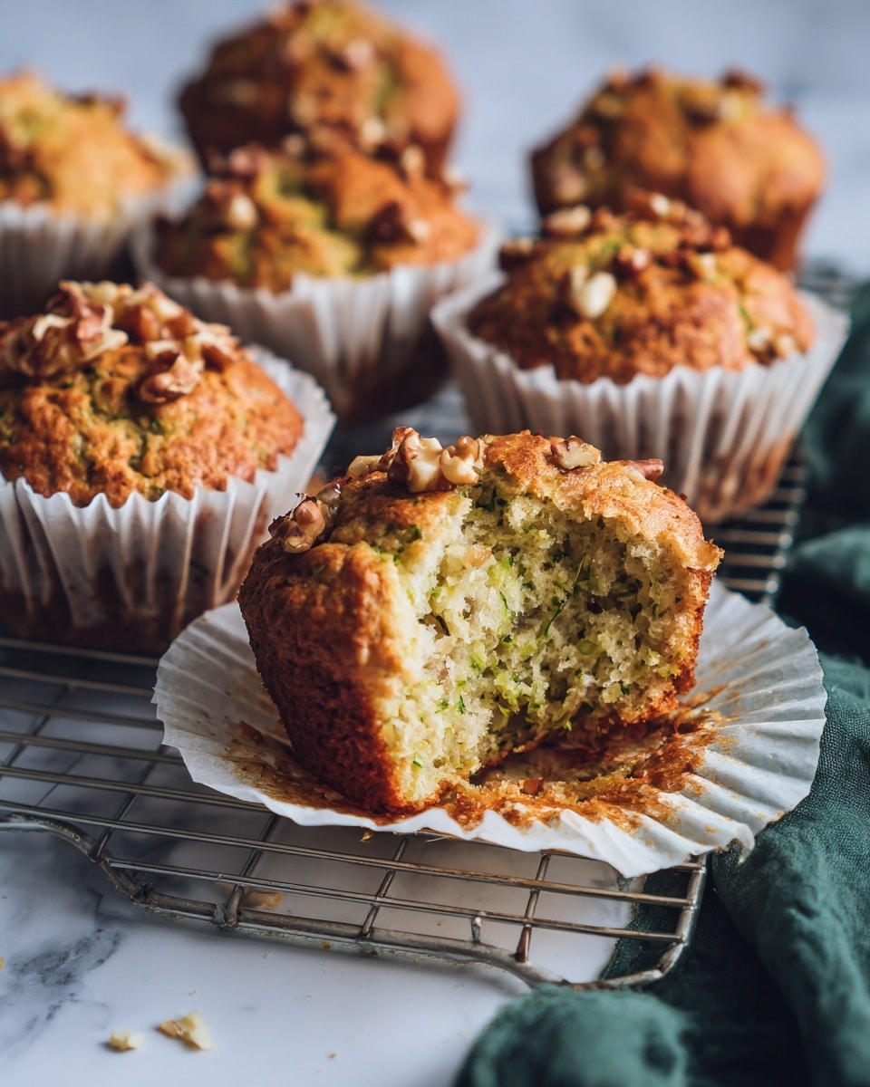 The image shows a group of golden-brown muffins with crunchy walnut pieces on top scattered on a silver cooling rack placed on a white marbled surface. Each muffin has a slightly rough texture with green bits inside, suggesting they might be zucchini muffins. One muffin is partially unwrapped with the white paper liner peeled back and a bite taken out, revealing a moist interior with visible green streaks and walnut pieces. Near the bottom right corner, a dark green cloth is casually placed next to the rack, adding contrast to the scene. The lighting is bright and natural, emphasizing the muffins' warm color and texture photo taken with an iphone --ar 4:5 --v 7