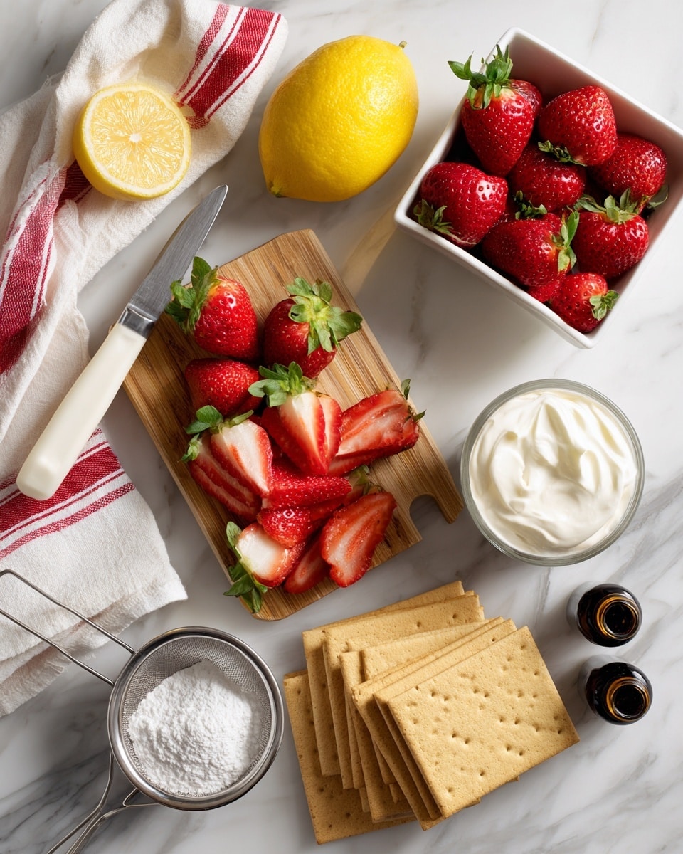 The image shows ingredients for a dessert arranged on a white marbled surface. A small wooden board holds fresh red strawberries, some whole and some sliced, with green leafy tops, and a knife with a white handle resting on one side. Next to the board is a whole bright yellow lemon. To the upper left, there is a small rectangular white container full of whole strawberries. In the center right, a glass cup holds white cream, and beneath it is a white bowl with a metal strainer filled with powdered sugar. At the bottom, a neat stack of golden-brown rectangular graham crackers lies partly overlapping a white towel with red stripes. Two small dark glass bottles, likely vanilla or syrup, are positioned near the lemon and strawberries. The setup looks ready for making a layered strawberry dessert. Photo taken with an iphone --ar 4:5 --v 7