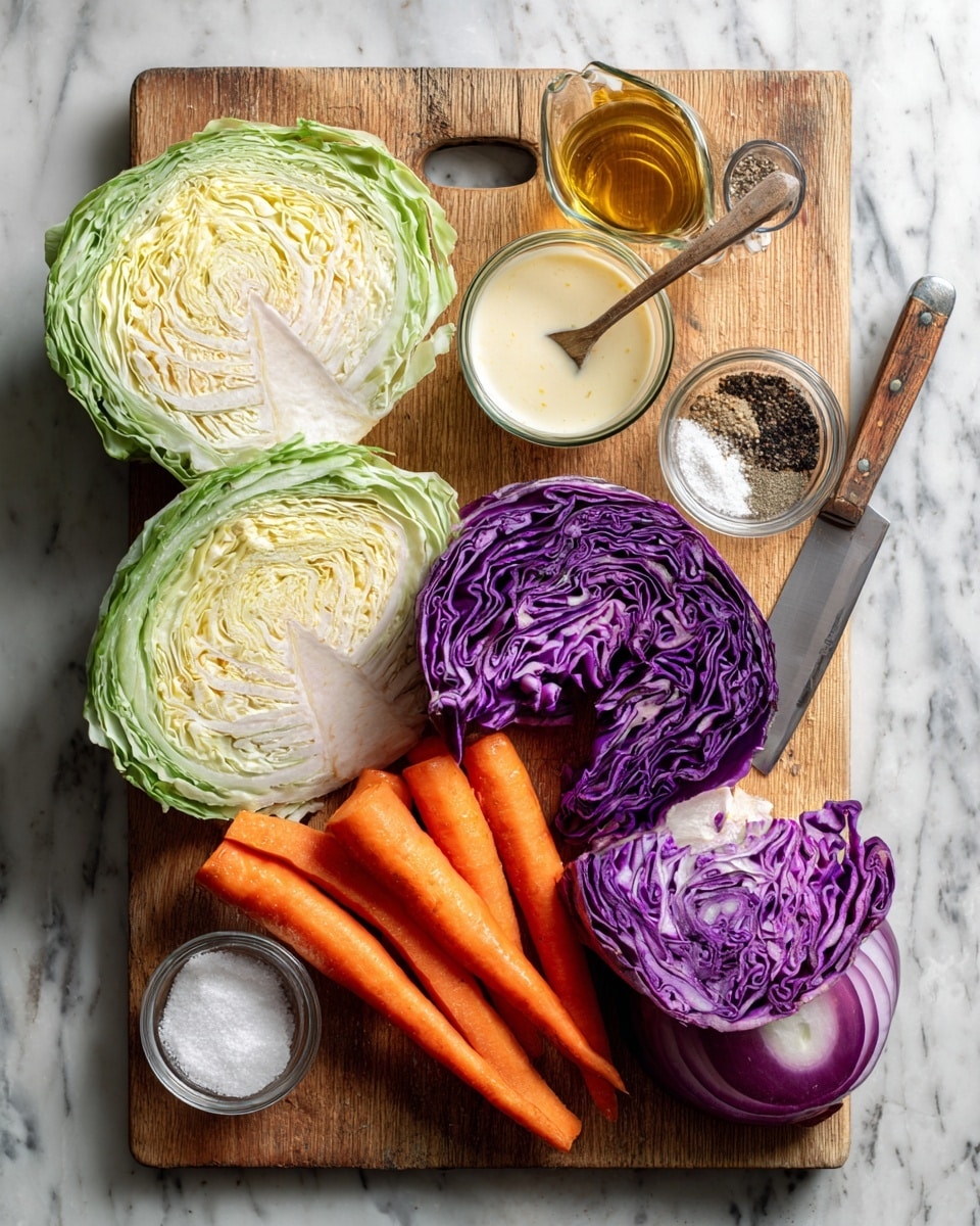 The image shows a wooden cutting board with fresh ingredients placed on it, all on a white marbled surface. Two large halves of green cabbage with pale yellow inner leaves are at the bottom left, next to two whole bright orange carrots with some peeled carrot strips beside them. A half section of purple cabbage with deep purple and white layers is positioned near the center. At the bottom right, there is a half of a red onion with a rich purple outer layer and white inside. Four small clear glass containers sit on the board: one with black pepper, one with mustard, one with a creamy white sauce with a wooden spoon in it, and one with white granulated sugar. Behind these jars, a small clear measuring cup with golden liquid is placed. A metal peeler rests across the carrots. photo taken with an iphone --ar 4:5 --v 7