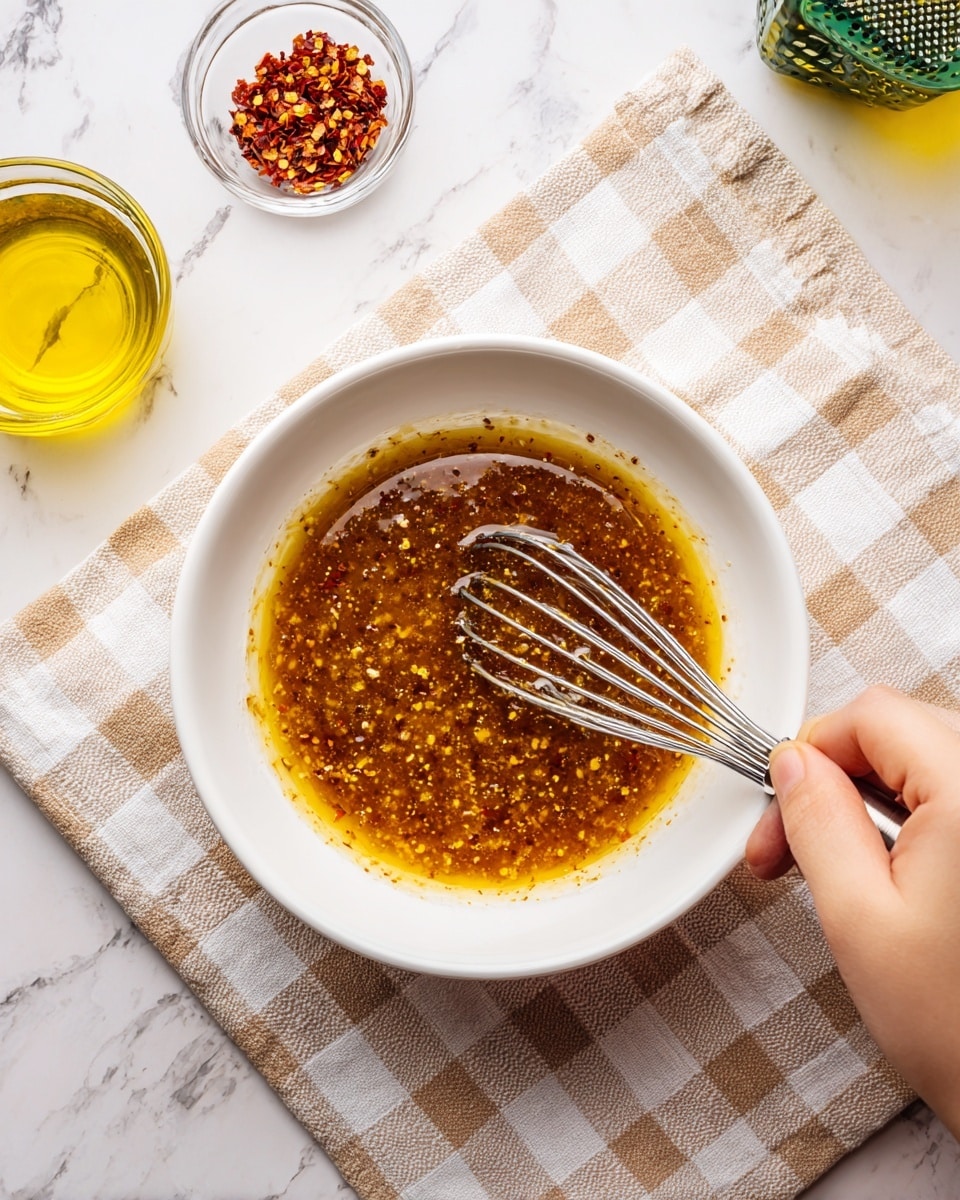 A white mixing bowl filled with a thick sauce that has a shiny, oily texture in golden yellow and dark brown colors blended together, with small grainy bits visible in the mixture. A metal whisk is inside the bowl, held by a woman's hand, gently stirring the sauce. The bowl is on a light beige checkered cloth on a white marbled surface. Around the bowl, there is a clear small glass bowl with red chili flakes, a green grater, and a glass container of yellow oil. Photo taken with an iphone --ar 4:5 --v 7