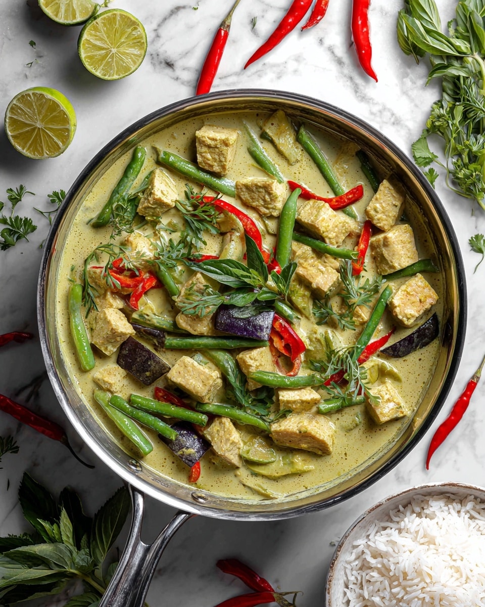 A close-up top view of a shiny silver pan filled with a creamy green curry soup that has a rich, smooth texture. Inside the curry, there are many colorful layers: bright red sliced chili strips floating evenly around the dish, shiny green snow peas placed on top, soft brown round slices of mushrooms, and chunks of light golden tofu scattered throughout. Fresh bright green basil and cilantro leaves are spread over the top, adding freshness and color contrast. Around the pan on a white marbled surface, there are whole red chili peppers, a halved lime, and a bunch of fresh cilantro leaves. Part of a round white bowl filled with plain cooked rice is at the bottom edge of the photo. Photo taken with an iphone --ar 4:5 --v 7