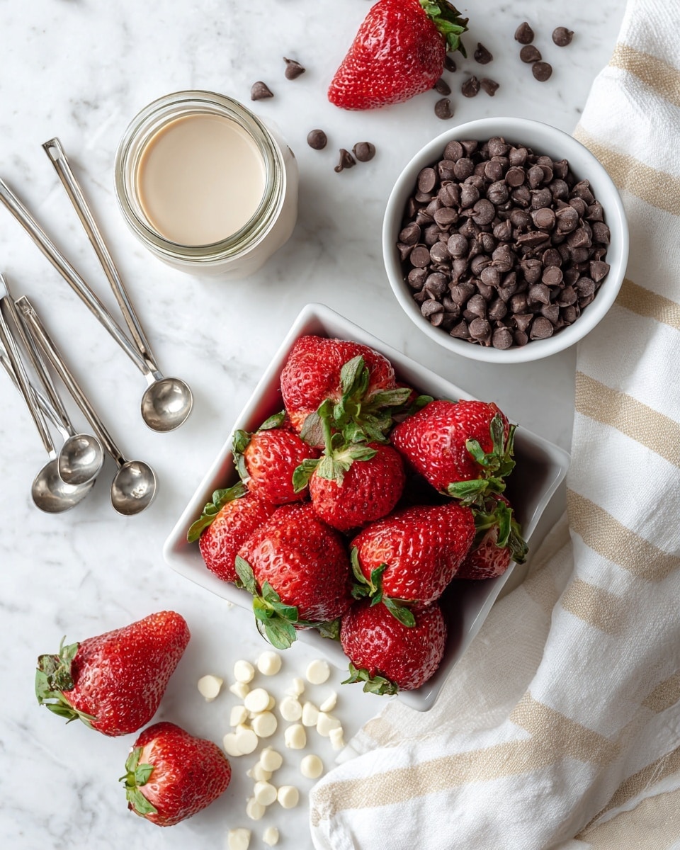 The image shows a top view of fresh red strawberries with green leaves, placed inside a white square bowl and scattered around it on a white marbled surface. Next to the strawberries, there is a small white round bowl filled with dark brown chocolate chips. Above the strawberries, there is a glass jar with a light cream-colored sauce inside. On the left side, four metal measuring spoons lie flat with different sizes displayed. There are small white chocolate chips scattered near the jar. A white cloth with beige stripes is visible on the right edge of the frame. The overall setup looks fresh and clean, focused on the ingredients. photo taken with an iphone --ar 4:5 --v 7
