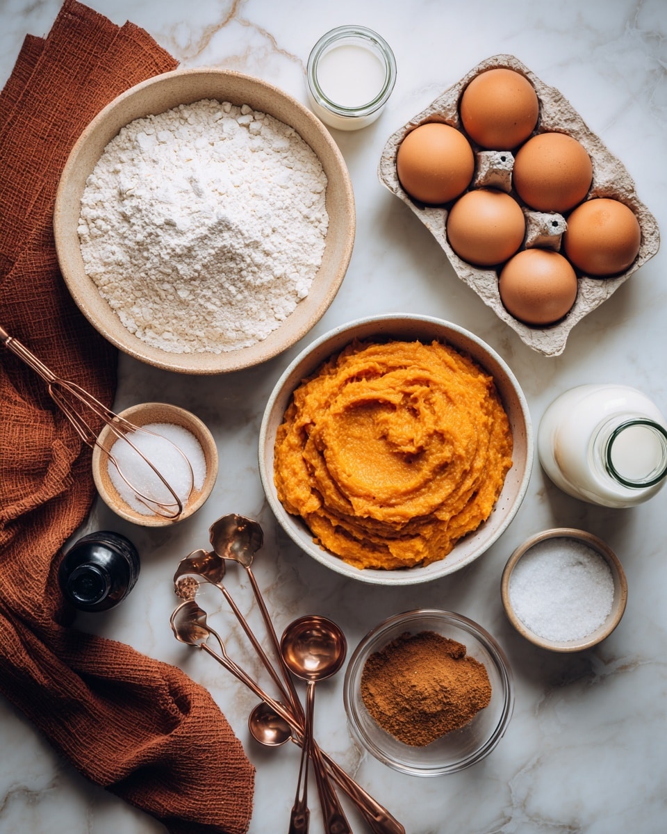 The image shows various baking ingredients arranged neatly on a white marbled surface. There is one layer of a beige bowl filled with white flour, a white bowl of smooth orange pumpkin puree next to it, and a glass container filled with white granulated sugar. A carton holding four brown eggs is placed near the top right, alongside a glass jar of milk and a small clear jar of oil. Around the center and bottom are small white bowls and a golden measuring cup with brown sugar, white salt, and a brown spice mix. Copper measuring spoons lie on a folded burnt-orange cloth napkin on the bottom left. A small dark bottle with a black cap is near the eggs, likely vanilla extract. The photo taken with an iphone --ar 4:5 --v 7