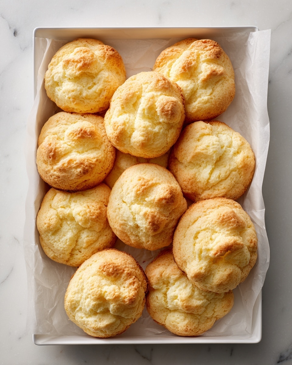 A white baking tray lined with white parchment paper holds ten round, golden brown cookies. Each cookie has a slightly rough, bumpy surface with a mix of darker brown and lighter yellow parts, giving them a toasted look. The cookies are arranged in two uneven rows, some touching each other, with a few showing cracks on top. The tray is placed on a white marbled surface with subtle gray veins. photo taken with an iphone --ar 4:5 --v 7