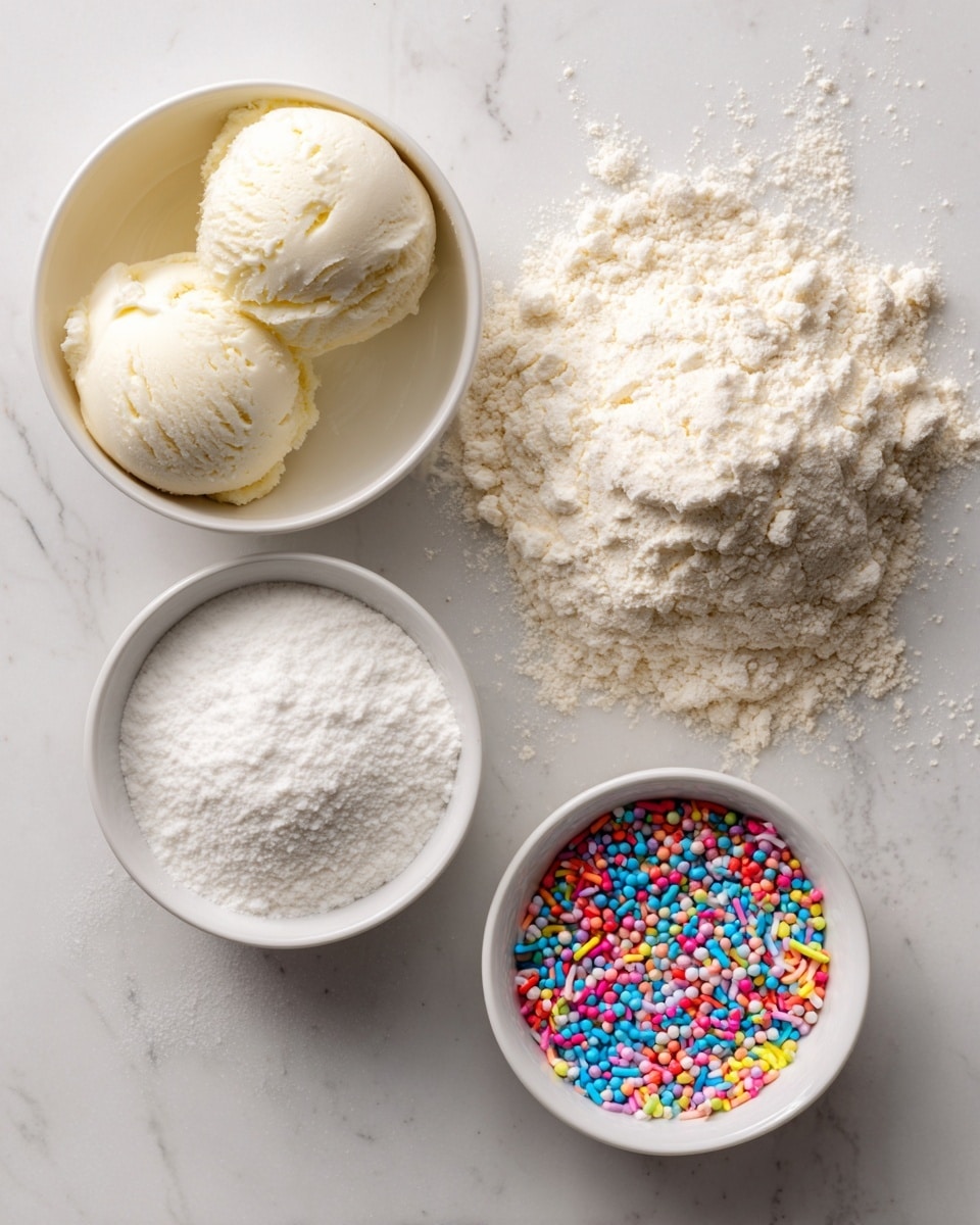 The image shows four small white bowls and a pile of flour on a white marbled surface. The top left bowl contains two scoops of creamy white vanilla ice cream with a smooth texture. Below it, the bottom left bowl holds a fine white powder, likely powdered sugar. To the right of this bowl, the bottom right bowl is filled with small, round, colorful sprinkles in bright colors like pink, blue, yellow, green, and orange. Above this bowl, there is a loose pile of flour with a slightly crumbly texture. The arrangement is neat, and the colors contrast well against the white marbled surface. Photo taken with an iphone --ar 4:5 --v 7