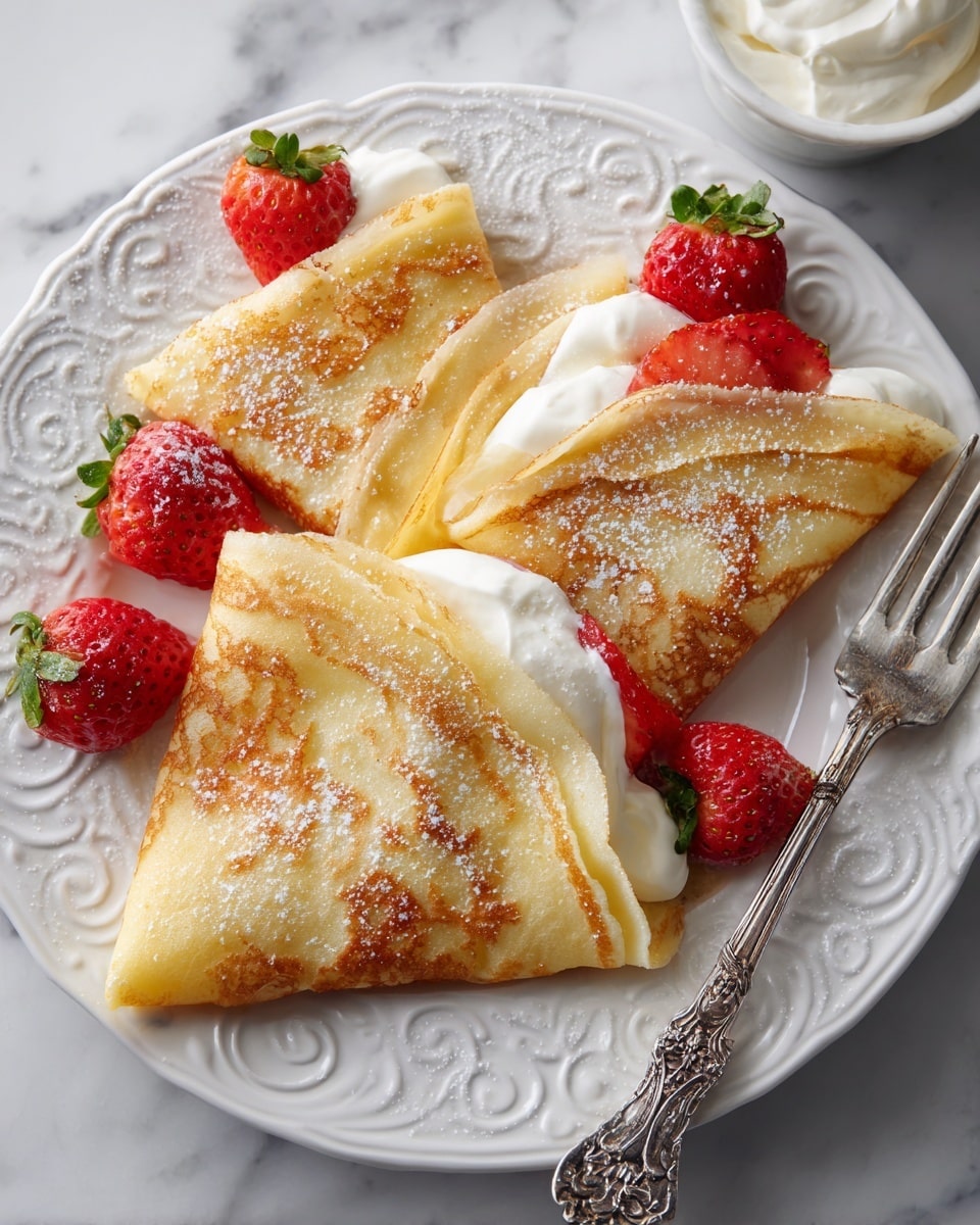 A white oval plate holds seven thin crepes folded into triangles, arranged in two overlapping rows; each crepe is pale yellow with light brown spots and slightly crispy edges. Powdered sugar is sprinkled across the crepes, adding a soft white dusting. Fresh berries decorate the plate, including bright red strawberries, some cut in half showing their juicy inside, and plump dark blue blueberries scattered on top and around the crepes. To the left, there is a white bowl filled with whole strawberries, while to the right, a white bowl contains a creamy white substance, likely whipped cream, sitting on a white marbled surface. A metal sieve with some powdered sugar rests nearby. Photo taken with an iphone --ar 4:5 --v 7