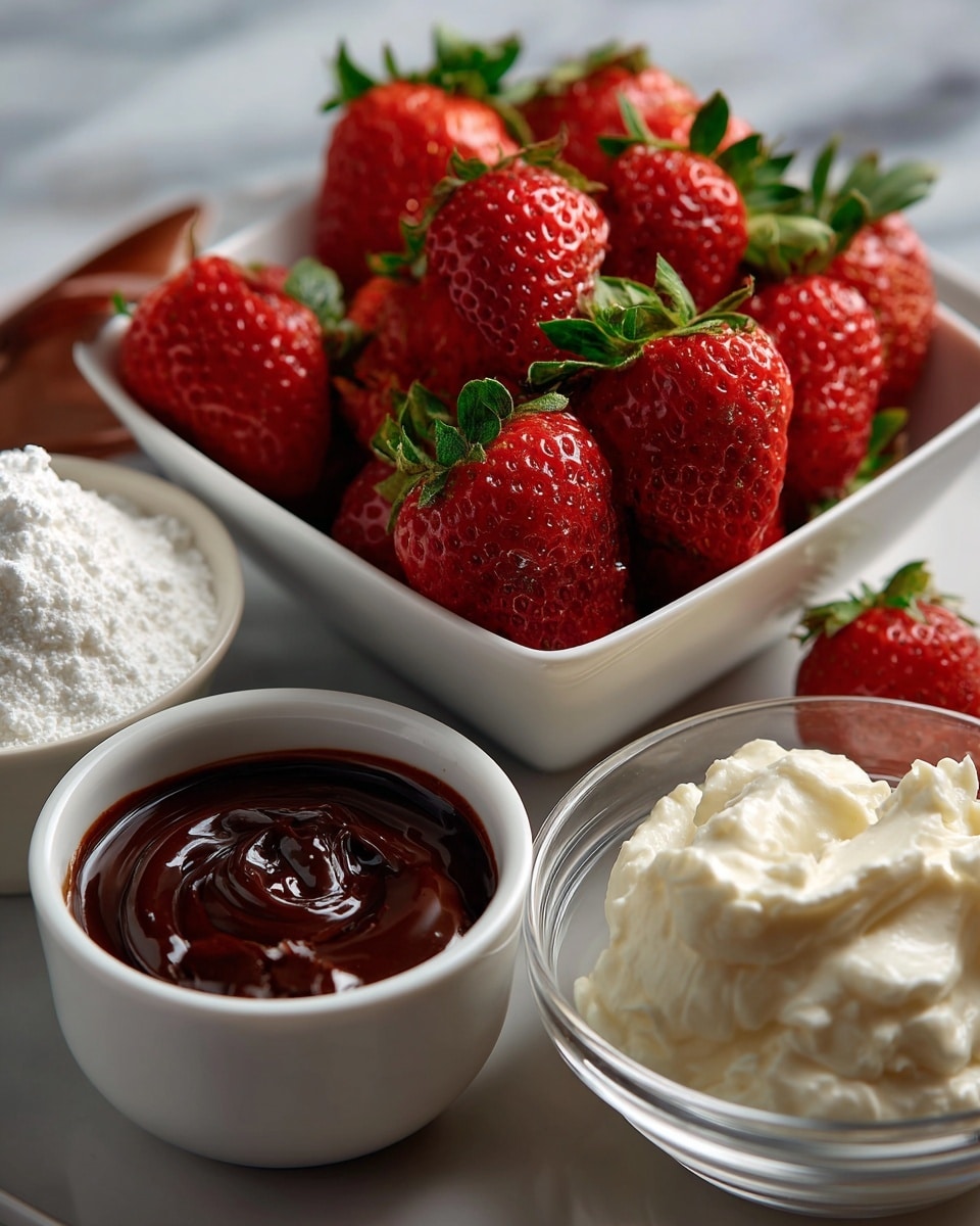 A white square bowl filled with bright red strawberries with green tops sits at the top left. Below it in the center is a small white round bowl with dark brown chocolate sauce. To the bottom left, a white cup holds white powdered sugar that looks soft and fluffy. On the bottom right, a clear glass bowl contains smooth, white cream. All items rest on a white marbled surface. photo taken with an iphone --ar 4:5 --v 7