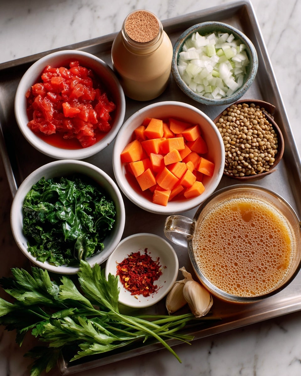 A metal tray holds several small round white bowls and a clear glass measuring cup arranged in a neat layout on a white marbled surface. The top left white bowl contains bright red diced tomatoes with juice, just below it is a bottle with a beige cap. To the right of the bottle, the clear measuring cup is filled with a light brown broth, showing bubbles on the surface. Surrounding the measuring cup are three white bowls: one on top with bright orange cubed carrots, one to the right with white chopped onions, and one at the bottom with green chopped celery. A small white bowl filled with red chili flakes sits near the onions, and a clear bowl with brown lentils is next to the celery. Fresh green leafy herbs and two peeled garlic cloves sit on the lower left corner of the tray. Photo taken with an iphone --ar 4:5 --v 7