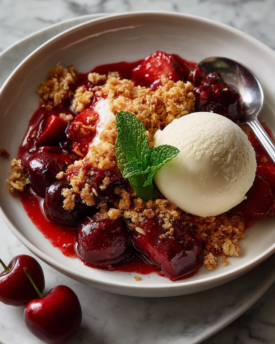 The dish shows a close-up of a white plate filled with three main layers: at the bottom, there is a rich, dark red cherry filling with whole and halved cherries that appear soft and juicy; on top of this is a crumbly golden-brown oat topping that gives a rough and crunchy look; finally, a creamy round scoop of vanilla ice cream with a smooth texture sits on one side, melting slightly into the warm cherry crumble. A small green mint leaf adds a fresh touch in the center, and a metal spoon is placed to the side inside the plate. The plate is set on a white marbled surface with two whole cherries nearby. Photo taken with an iphone --ar 4:5 --v 7