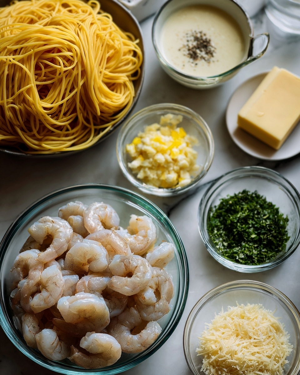 A clear glass bowl filled with cooked spaghetti shows long, yellow noodles and sits near the top left corner on a white marbled surface; below it, a medium-sized clear glass bowl holds peeled raw shrimp arranged in a circular pattern with light gray and white tones. Surrounding these main bowls are smaller clear glass bowls and white bowls with various ingredients: finely chopped garlic in a small clear bowl above the shrimp, a small white bowl filled with grated parmesan cheese at the bottom right, finely chopped green herbs in a tiny clear bowl to the right of the garlic, a small bowl of lemon zest with bright yellow color between the shrimp and garlic, and a small clear bowl with black pepper and salt above the shrimp. Alongside these, a stick of butter rests in a small clear bowl to the right of the shrimp, and three clear glass measuring cups hold cream, broth, and a light-colored liquid, placed around the ingredients on the white marbled background. Photo taken with an iphone --ar 4:5 --v 7