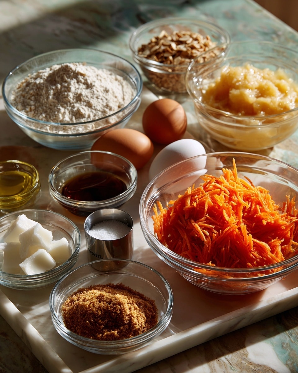 A collection of clear glass bowls with ingredients are placed neatly on a white marbled textured tray. The largest bowl at the top left holds a mix of white flour, oats, and brown spices. To the right of it is a medium bowl filled with light yellow applesauce. Below the applesauce, a large bowl contains bright orange shredded carrots. Two white eggs and a small bowl with dark brown vanilla extract are in between the bigger bowls. Near the bottom left, a silver measuring cup is filled with brown sugar, and next to it, two small clear bowls hold white pieces of butter and powdered sugar. A small glass bowl with a light yellow liquid, likely oil, and a tiny clear bowl of white milk complete the layout. The background is a white marbled texture. photo taken with an iphone --ar 4:5 --v 7