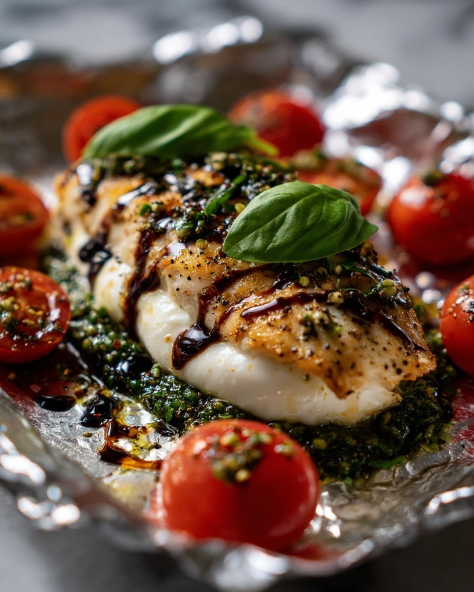 The dish shows one piece of cooked chicken layered with green pesto sauce underneath, topped with a smooth white mozzarella slice that has dark brown balsamic glaze streaks across it. On top of the mozzarella, there are two bright green basil leaves. Surrounding the chicken are juicy red cherry tomato halves sprinkled with black pepper and green pesto bits. Everything rests on crumpled silver foil, which is placed on a white marbled surface. The colors are vibrant with the glossy textures of the balsamic glaze and tomatoes contrasting the soft cheese and sauced chicken. photo taken with an iphone --ar 4:5 --v 7
