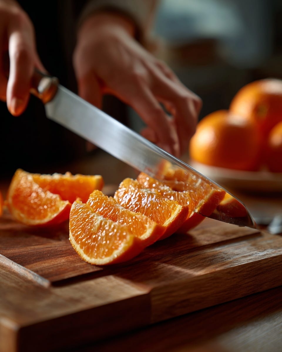 A close-up image shows a shiny golden orange piece of fruit being sliced with a shiny silver knife. The fruit is firm and juicy with a smooth, glossy texture. The knife is cutting thin slices from the front part of the fruit while a woman's hand holds the knife from the side. The fruit rests on a wooden board with a rich natural grain. The background is softly blurred. photo taken with an iphone --ar 4:5 --v 7