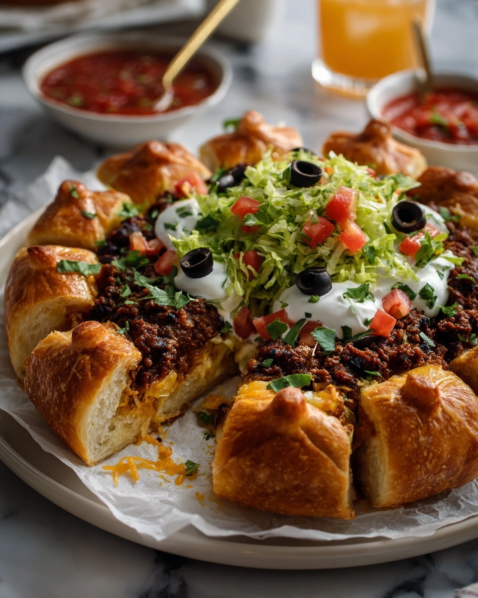 A ring-shaped dish with a golden-brown crust, filled with dark, crumbly ground meat mixed with black beans. Around the ring, the crust is folded over the filling in even sections, creating a sunburst pattern. From the top of the ring, six crescent-shaped dough pieces stick out, resembling spider legs. Inside the ring, three layers of toppings form a face: shredded green lettuce on top, diced bright red tomatoes in the middle, and smooth white sour cream below. Two sliced black olives sit on the sour cream like eyes. The dish is placed on white parchment on a white marbled surface, with a bowl of red sauce and a glass of orange drink in the background. photo taken with an iphone --ar 4:5 --v 7