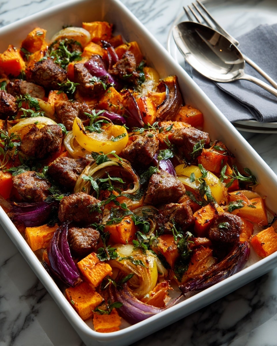 The final dish is shown on a white baking tray filled with layers of roasted foods. The bottom layer has chopped orange sweet potatoes and small carrot pieces spread all over, along with some thick rings of bright yellow squash and a few sliced red onions. On top of this, there are dark brown pieces of cooked meat placed evenly across the tray. The dish is garnished with small green herb leaves, and the whole arrangement looks warm, hearty, and colorful with a mix of orange, yellow, brown, purple, and green. The background is a white marbled surface with a silver fork resting on the right side of the tray. Photo taken with an iphone --ar 4:5 --v 7