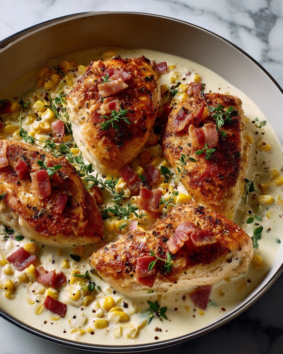 The image shows a skillet filled with three browned chicken pieces, each with a crispy and seasoned golden-brown surface. The chicken is partly covered by a creamy white sauce that has a smooth texture. Scattered on top and around the chicken are bright yellow corn kernels and small pieces of reddish-brown crispy bacon. Sprigs of fresh green herbs are sprinkled over the dish, adding a touch of color. A spoon rests on the side of the skillet, slightly immersed in the sauce. The skillet is placed on a white marbled surface, giving a clean and elegant background. photo taken with an iphone --ar 4:5 --v 7