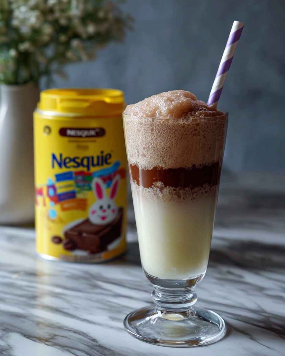 A clear tall glass filled with two layers is shown; the bottom layer is white milk with a smooth, slightly misty texture and the top layer is thick, fluffy chocolate foam with a light brown color and a soft, creamy texture. A striped white and purple straw is placed inside the glass, standing upright through the foam. The glass sits on a white marbled surface beside a yellow Nesquik chocolate powder container with colorful branding and a rabbit mascot on the front. Photo taken with an iphone --ar 4:5 --v 7