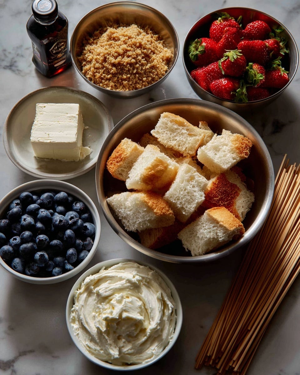 Top view of several bowls and ingredients arranged on a white marbled surface. In the center is a large metal bowl filled with white bread pieces with golden crust edges. Above it, a medium metal bowl contains whole red strawberries. To the left, a smaller metal bowl holds crumbly brown sugar, and below it, another metal bowl has a solid white block of cream cheese. Next to the cream cheese is a medium metal bowl filled with smooth white whipped cream. At the bottom left corner, a small white bowl is full of plump blueberries. To the right of all bowls, a bundle of light brown wooden skewers lays flat, and nearby is a small dark bottle labeled vanilla extract. photo taken with an iphone --ar 4:5 --v 7