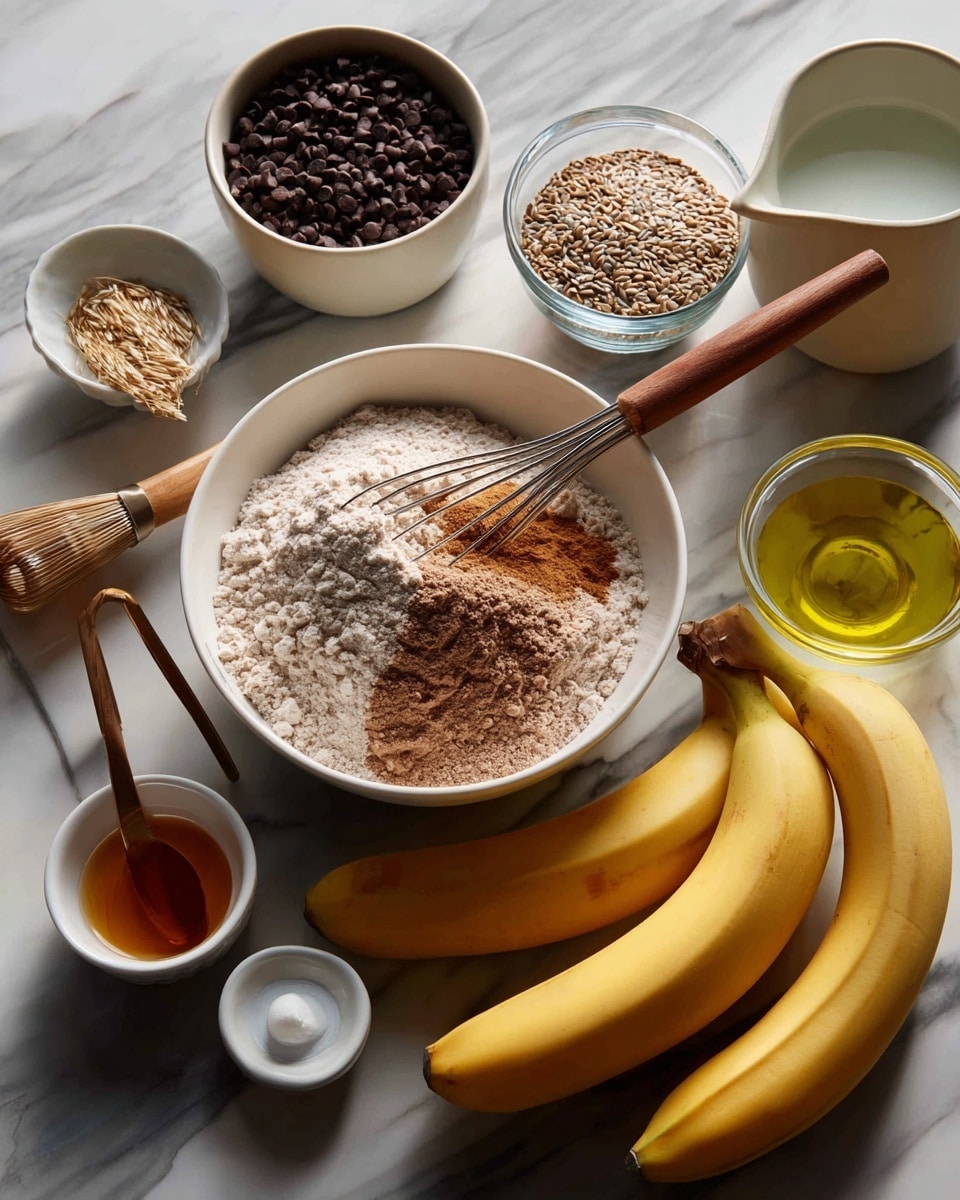 The image shows a flat lay of ingredients placed on a white marbled surface. In the center, there is a white bowl filled halfway with whole wheat pastry flour, topped with cinnamon, nutmeg, baking powder, and baking soda. To the left of the bowl, there is a white cup filled with dark chocolate chips and a small glass bowl of flax seeds next to a whisk with a wooden handle. Below the bowl, there's a small bowl with maple syrup, and near it, a tiny white bowl with vanilla extract. To the right, there is a clear glass cup with olive oil, a small white cup of almond milk, and two ripe bananas positioned side by side. The setup is neat, with each ingredient clearly visible and spaced out evenly. photo taken with an iphone --ar 4:5 --v 7