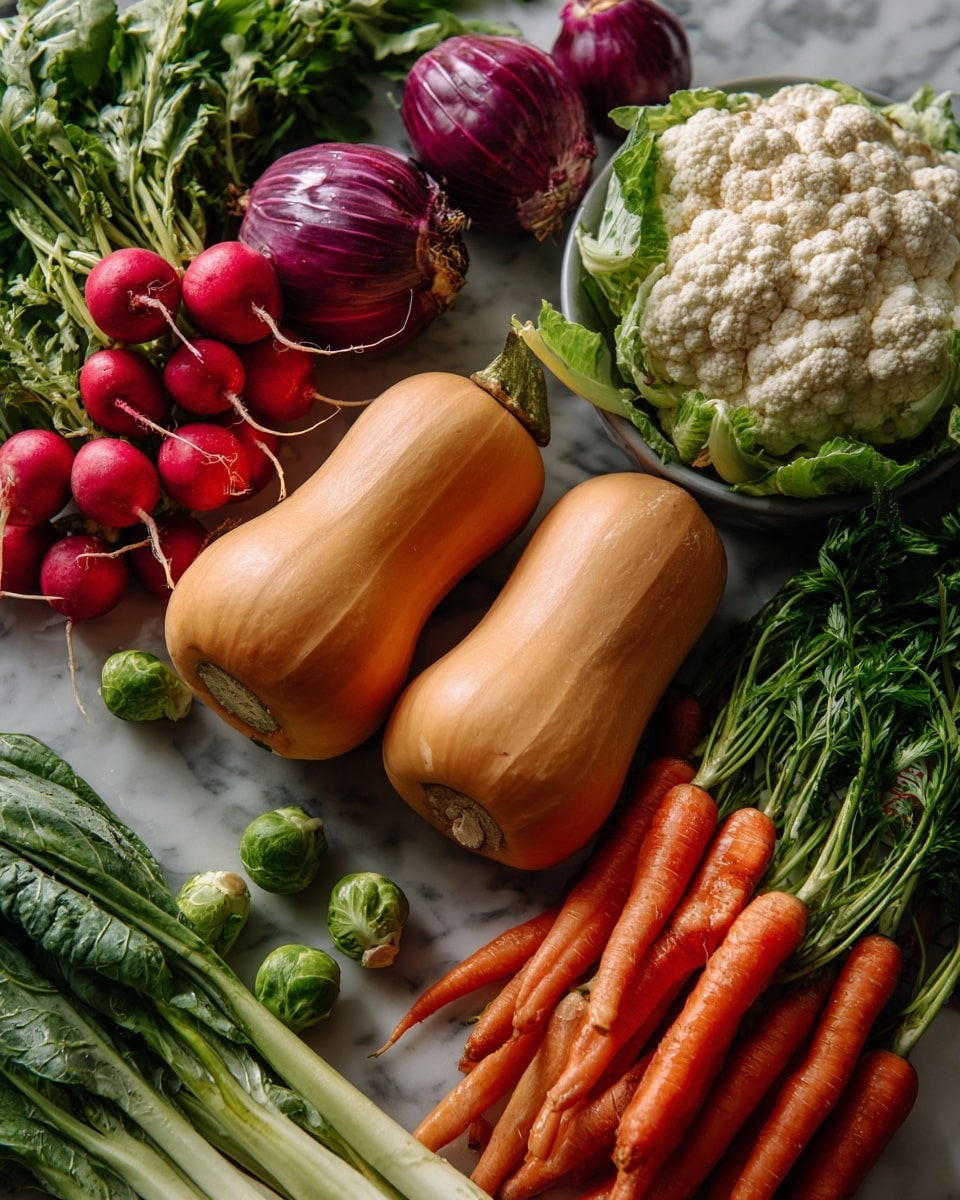 The image shows a variety of fresh vegetables spread over a white marbled surface. There are two orange butternut squashes near the center, surrounded by small green brussels sprouts scattered around. A bunch of bright orange carrots with leafy green tops is placed on the right side next to a white cauliflower with green leaves. Close to the left side, there are three red onions, one purple turnip, and several red radishes with leafy green stems. The whole display of vegetables creates a colorful mix of orange, green, purple, red, and white shades. photo taken with an iphone --ar 4:5 --v 7