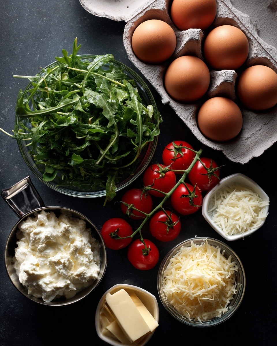 The image shows fresh cooking ingredients arranged on a smooth black surface. There are six brown eggs sitting in a gray carton at the top center. Below the eggs, two bunches of bright red cherry tomatoes with green stems are placed. To the left, a clear bowl holds fresh, dark green arugula leaves with a slightly rough texture. On the right side, a white measuring cup holds shredded white cheese, while below it, a smaller white measuring cup holds a sliver of light yellow butter. Another white measuring cup near the bottom center contains white, crumbly cheese. Finally, a silver measuring cup filled with white cream is placed at the bottom left. The whole setup is neat and colorful, showing a variety of textures from smooth to crumbly. photo taken with an iphone --ar 4:5 --v 7