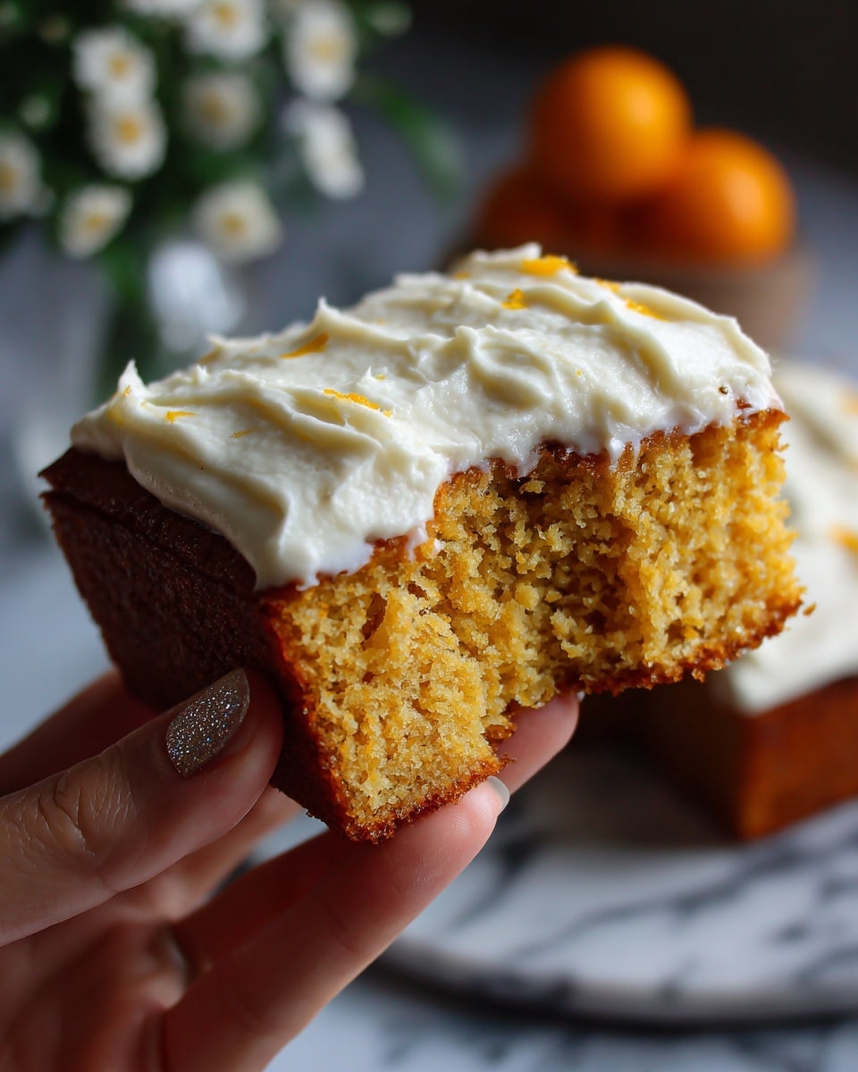 A close-up image of a slice of orange-brown cake with a soft and crumbly texture. The cake has a single thick layer topped with a generous spread of smooth, white frosting that looks creamy and slightly whipped. The slice has a clear bite taken out of one corner, showing the moist interior. The cake is held by a woman's hand, with a blurred orange background and a white marbled surface behind it. photo taken with an iphone --ar 4:5 --v 7