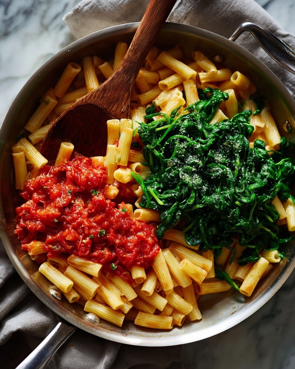 A silver pan filled with short, tube-shaped pasta mixed with red tomato sauce, topped with a layer of bright green cooked spinach on one side. A wooden spoon rests inside the pan, partially stirring the pasta and spinach. The pan sits on a white marbled surface with a soft gray cloth partially visible beneath the handle. photo taken with an iphone --ar 4:5 --v 7