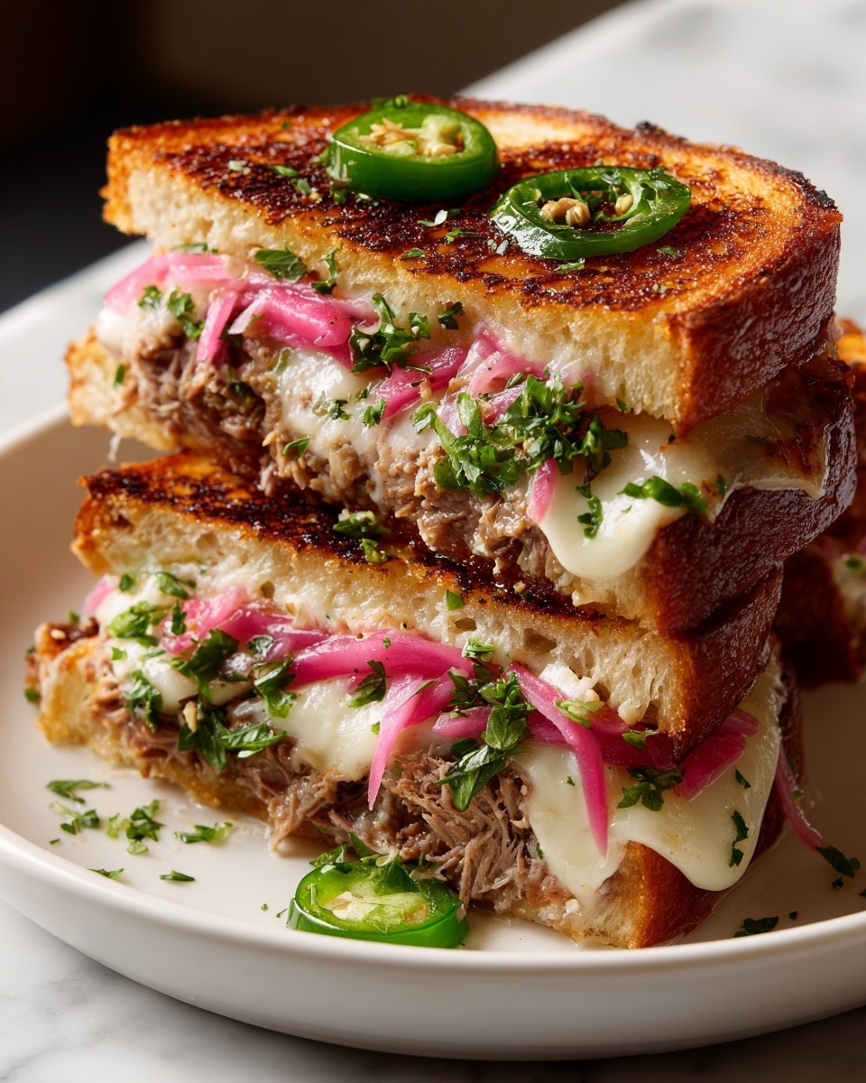 The image shows a sandwich cut in half and stacked, placed on a white plate with a few small crumbs and bits of filling on the plate. The sandwich has two layers of golden brown toasted bread with visible grill marks on the top piece. Inside, there is a thick middle layer of shredded, tender meat with a light brown color. Above the meat, there is a layer of thinly sliced pinkish-red onions and several slices of green pickles. On the right edge, melted cheese oozes slightly, showing a creamy white color with some black pepper. The background has a white marbled texture with blurred objects, including a glass jar of pickles and a glass of pink drink behind it. photo taken with an iphone --ar 4:5 --v 7