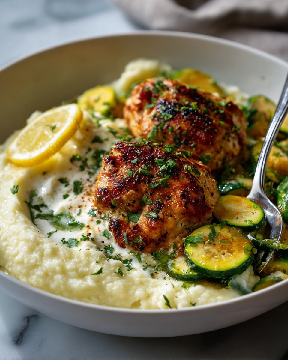 The dish is served in a white bowl on a white marbled surface. There are two golden brown grilled pieces of chicken in the center, sprinkled with green chopped herbs. Below the chicken, there are green zucchini strips and yellow round slices of squash. On the left side, there is a white creamy mashed potato layer with a thin lemon slice partially tucked in. A silver spoon is placed on the right side, touching the chicken and squash. The whole image has warm, inviting colors and a fresh appearance photo taken with an iphone --ar 4:5 --v 7