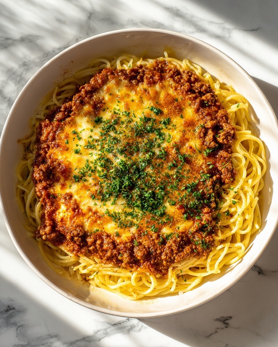 The image shows a white bowl with three main layers. The bottom layer is a nest of cooked spaghetti noodles, golden-yellow and slightly shiny with some specks of seasoning. The middle layer is a thick, rich brown meat sauce spread evenly over the noodles, with a coarse texture and bits of meat visible. On top, there is a layer of melted, browned cheese that looks bubbly and slightly crispy around the edges. The dish is garnished with finely chopped green herbs scattered generously over the cheese. The bowl sits on a white marbled surface, and sunlight casts natural shadows and highlights on the food. Photo taken with an iphone --ar 4:5 --v 7
