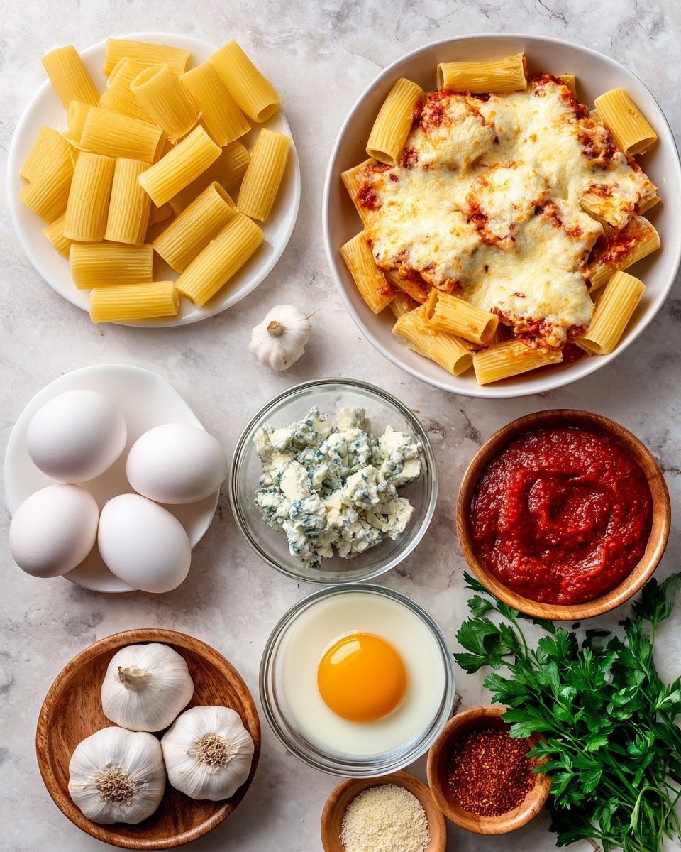 A top view of various ingredients arranged neatly on a white marbled surface: at the top, uncooked rigatoni pasta in light yellow, and a white bowl filled with baked rigatoni pasta covered with melted light golden cheese and red sauce. Below and to the left, three white eggs on a small white plate, and five brown eggs spread beside several garlic bulbs with white skin and rough textures. In the center, a wooden bowl holds blue-veined white cheese with a crumbly texture next to a glass bowl containing a raw egg with a bright yellow yolk and clear white. To the right, a wooden bowl of red tomato sauce with a chunky texture and a wooden bowl of coarse ground spices in red and brown. A bunch of fresh green parsley rests to the far right. Photo taken with an iphone --ar 4:5 --v 7