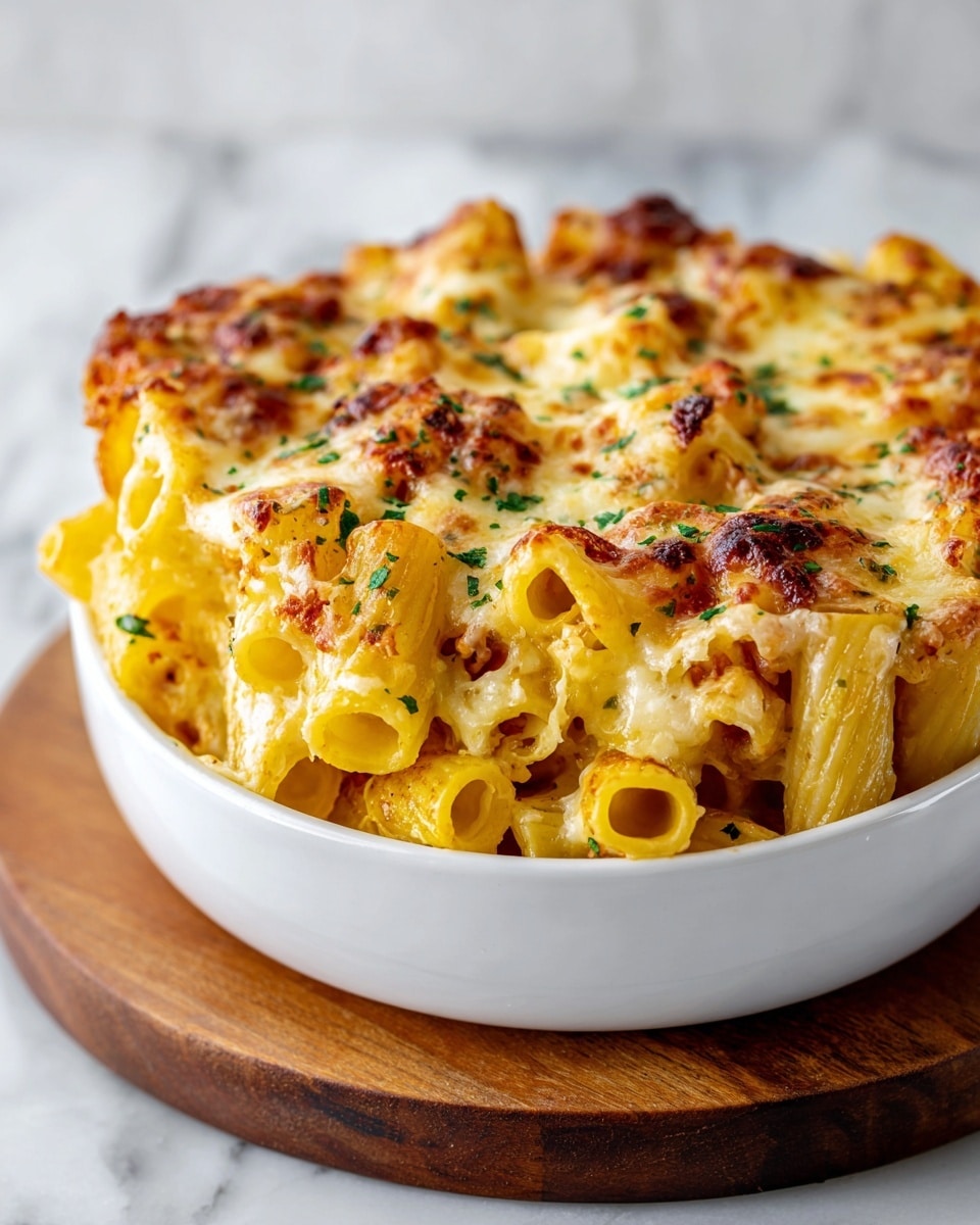 A round white plate filled with rigatoni pasta baked with a layer of golden-browned melted cheese on top, showing spots of darker browned texture. The pasta is yellow and visible through the cheese layer, and the top is sprinkled with small pieces of green herbs evenly spread. The plate sits on a white marbled surface, enhancing the bright colors of the dish photo taken with an iphone --ar 4:5 --v 7