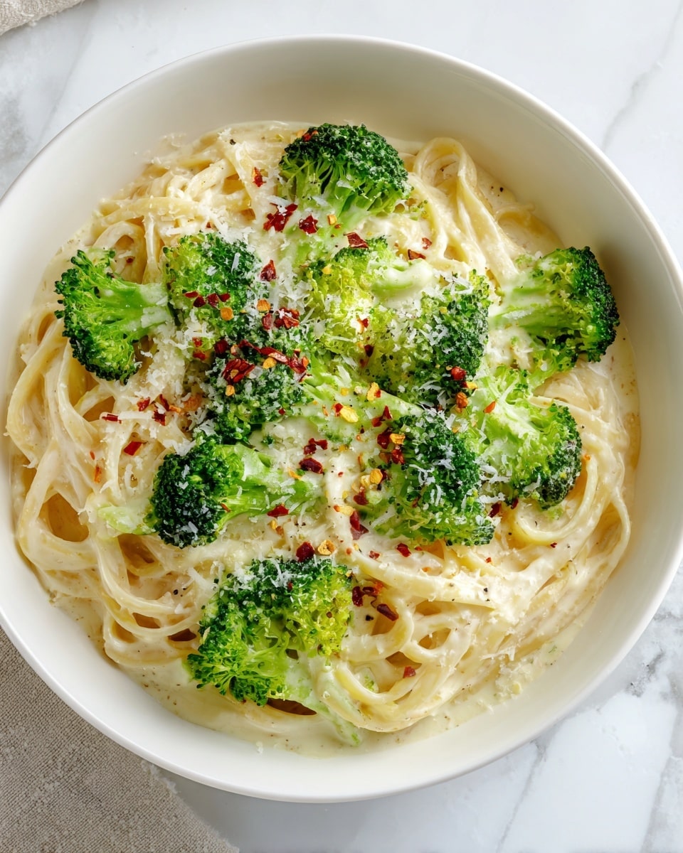 The dish shows a bowl full of creamy pasta with thick noodles twisted together in the center layer. Bright green broccoli florets are scattered evenly throughout, some resting on top and others mixed inside the pasta, adding a fresh texture. The creamy sauce covers the noodles smoothly, creating a light yellowish-white color with a few specks of black pepper and red chili flakes sprinkled on top. Grated cheese flakes are lightly dusted over the dish, giving a textured look to the top layer. The dish is served in a white bowl placed on a white marbled surface. photo taken with an iphone --ar 4:5 --v 7