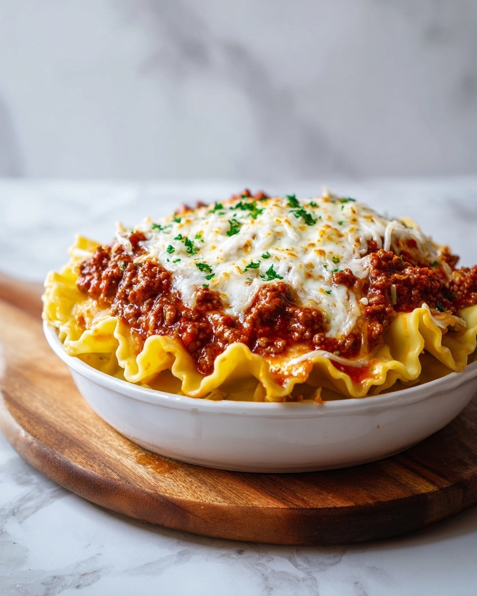 The dish shows one large round white pan filled with layered lasagna pasta sheets that have wavy edges, a rich red tomato meat sauce with visible ground meat, and melted light golden cheese evenly spread on top. Green chopped herbs are sprinkled across the cheese for color contrast. The layers of pasta and sauce peek through along the edges, and the pan sits on a wooden board over a white marbled surface. The background is softly focused, showing a blurred small wooden bowl with herbs and a bright window. photo taken with an iphone --ar 4:5 --v 7