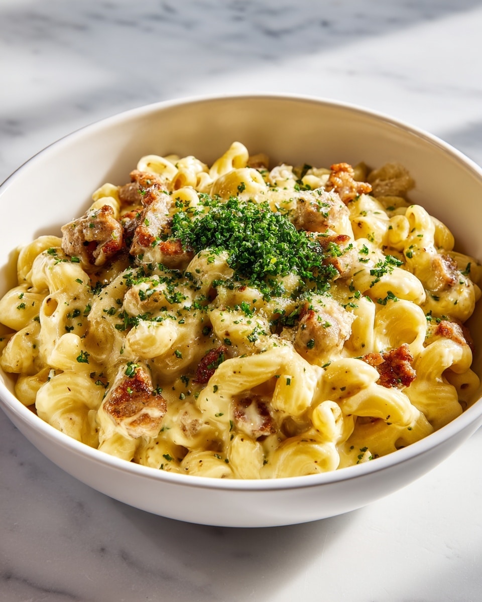 A close-up view of a white shallow bowl filled with a creamy macaroni pasta dish mixed with browned ground meat, creating a textured layer of pale yellow pasta and golden brown meat. The pasta curls are well-coated with cheese sauce that glistens under natural light. On top, there is a scattered layer of fresh green parsley leaves adding a bright contrast, all placed on a white marbled surface with shadows indicating sunlight coming from the side. Photo taken with an iphone --ar 4:5 --v 7