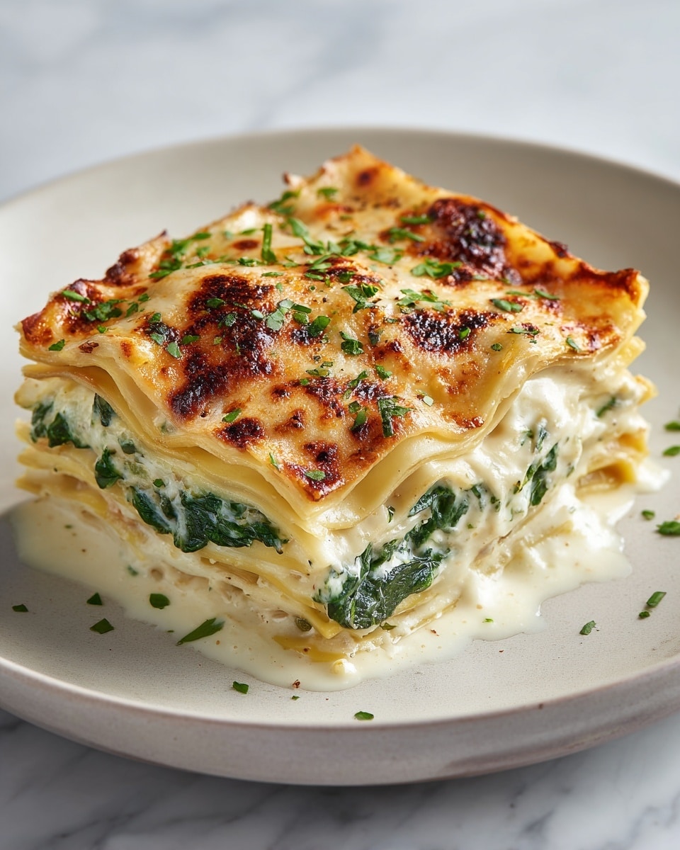 A thick slice of spinach lasagna sits on a white plate, showing three main layers of creamy white sauce and pasta sheets with green spinach filling in between. The top layer is a golden brown cheese crust with a slightly crispy texture, sprinkled with small bits of green herbs. The white sauce looks smooth and rich, slightly oozing around the base of the lasagna. The white plate rests on a white marbled surface with soft natural light coming from the side. Photo taken with an iphone --ar 4:5 --v 7