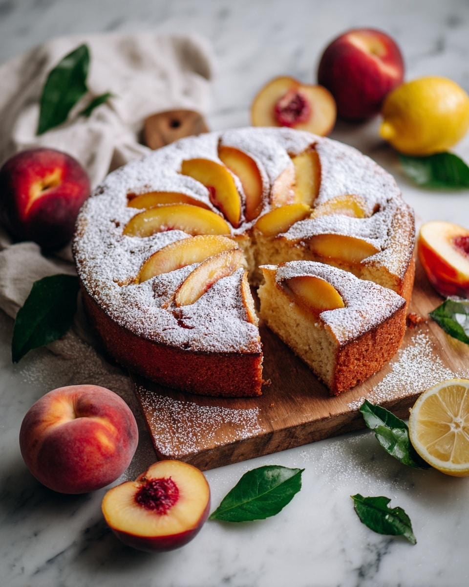A round cake sits on a wooden board with a handle, placed on a white marbled surface. The cake is covered with a thick layer of white powdered sugar dusted evenly on top. On the center of the cake, there are six yellow peach slices arranged in a flower shape with the curved sides facing outward. One slice of the cake is cut and slightly pulled out, showing the soft, light brown inside texture. Around the cake, there are whole peaches, a halved peach showing the red pit, and two lemon halves adding bright yellow and green leaves for decoration. Photo taken with an iphone --ar 4:5 --v 7