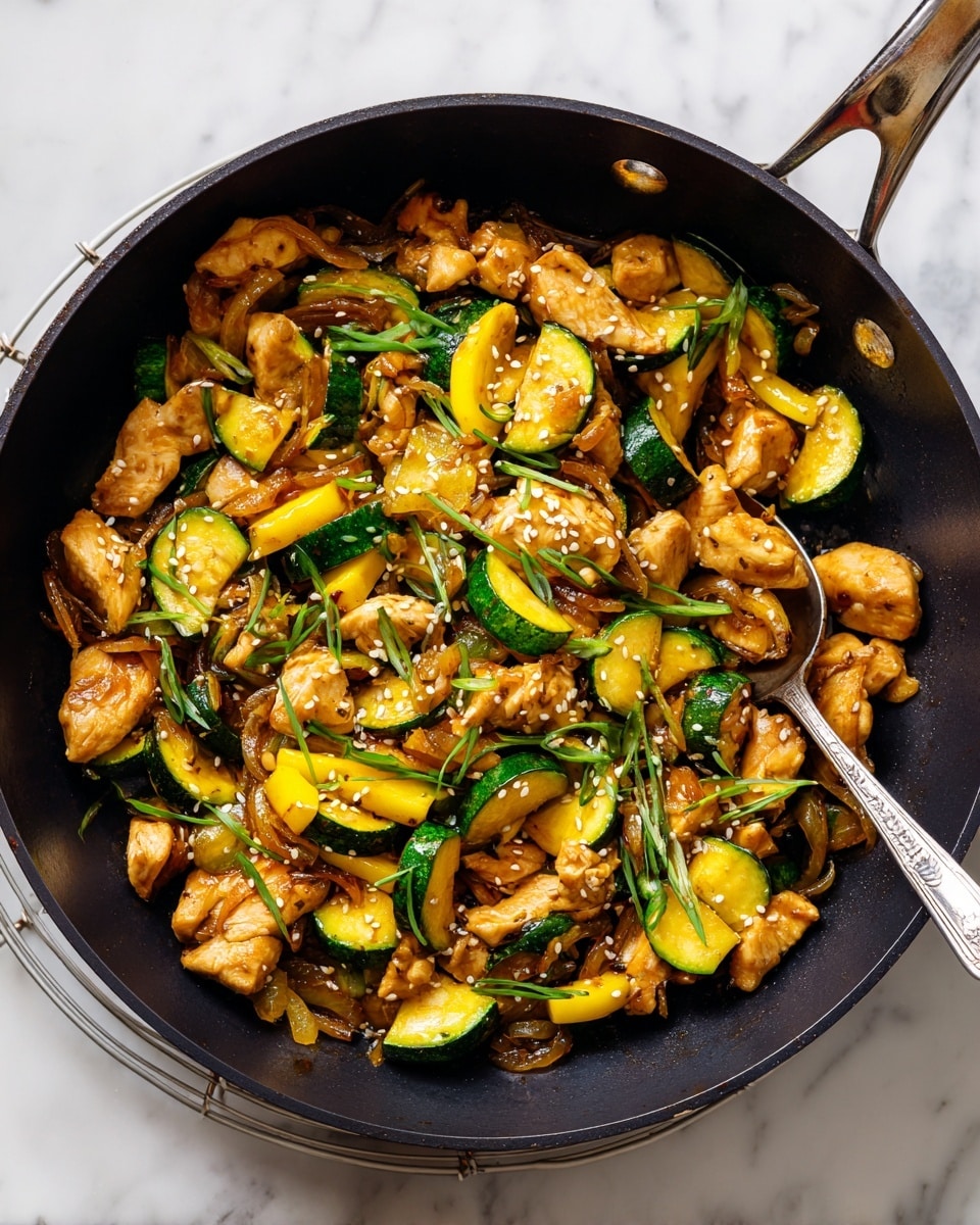 A black pan filled with cooked pieces of light brown chicken mixed with green zucchini slices and yellow squash slices, all stir-fried together. There are also caramelized onion strips with a medium brown color spread evenly, topped with small bright green chopped scallions and white sesame seeds sprinkled across. The pan rests on a white marbled surface with a wire rack showing below, and a spoon is partially visible inside the pan, ready to serve. Photo taken with an iphone --ar 4:5 --v 7