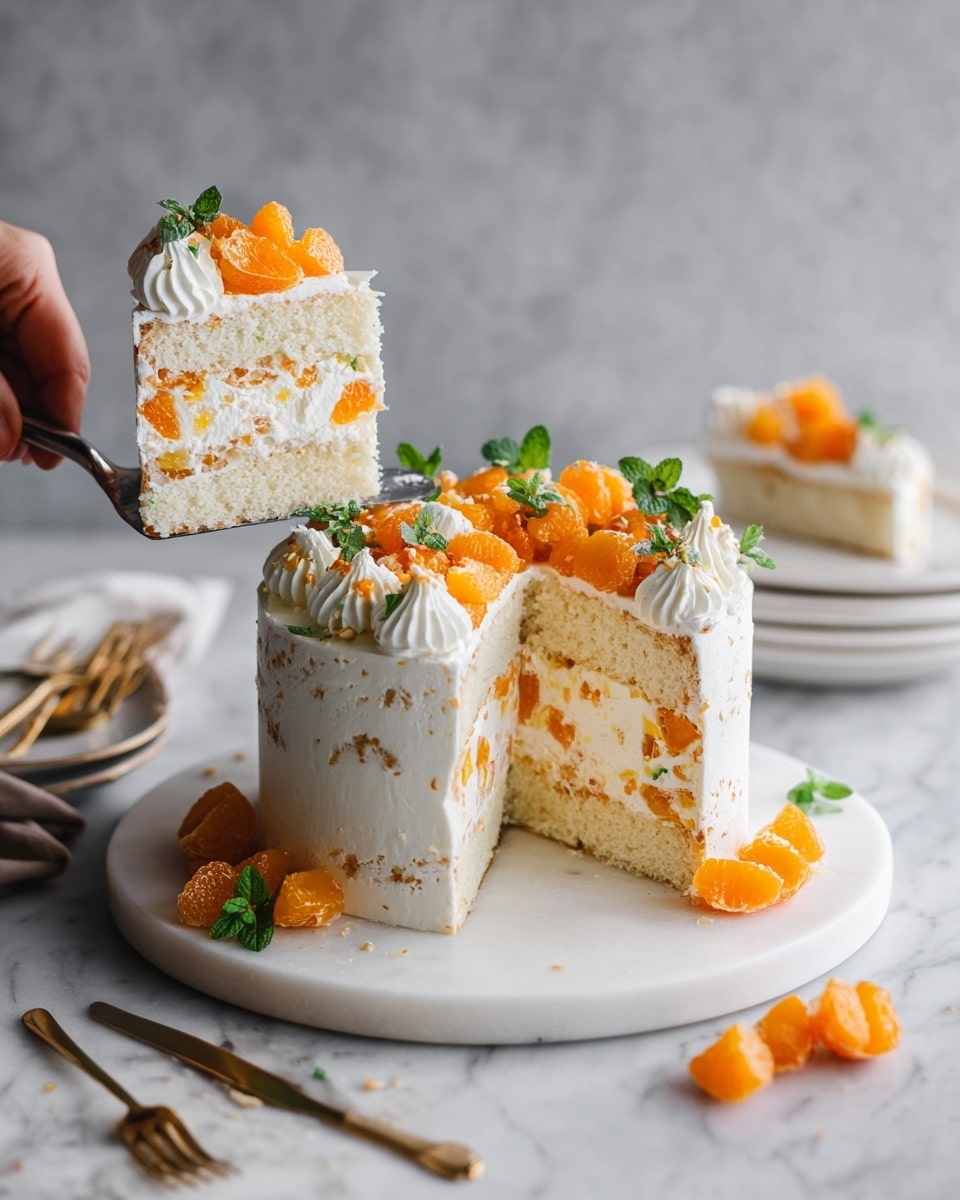 The image shows a tall white cake with smooth frosting on a white marbled round plate. The cake has two visible layers of light yellow sponge with a cream and small mango pieces layer in between. On top, there are eight white cream swirls around the edge, each topped with a small fresh green mint leaf and a bright yellow mango cube. A woman's hand is holding a large slice of the cake on a silver cake server, with one finger touching a mango cube on top of the slice. The background is a white marbled surface with soft lighting. photo taken with an iphone --ar 4:5 --v 7