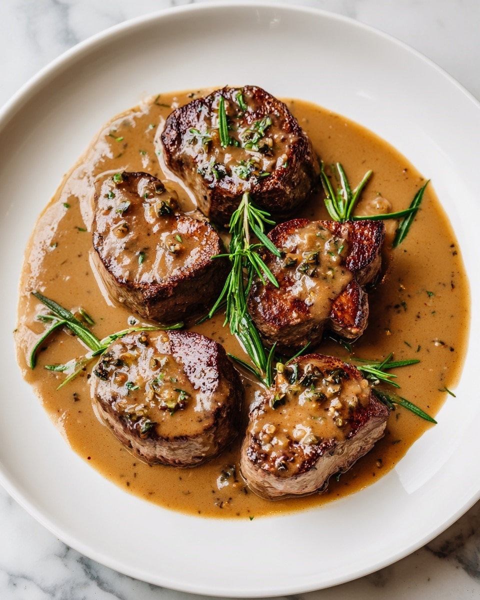 A white round plate holds five thick pieces of grilled chicken stacked in two layers, each piece covered with a shiny brown mushroom sauce with visible mushroom slices. The chicken has a crispy, dark golden-brown texture with some charred edges. Green sprigs of fresh thyme are scattered on top and around the chicken, adding color contrast. The plate sits on a white marbled surface, and the lighting highlights the moist shine of the sauce and the texture of the chicken. photo taken with an iphone --ar 4:5 --v 7