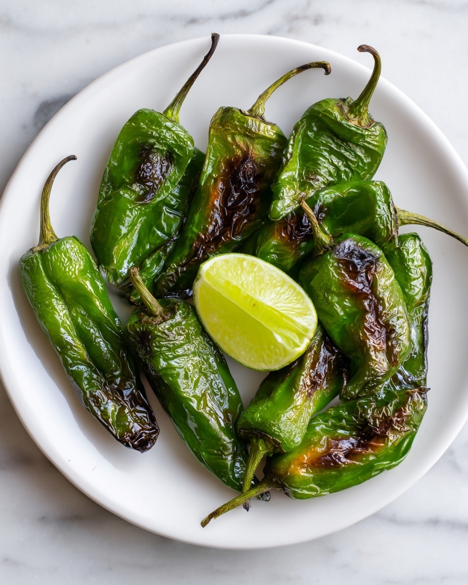 A white plate holds six roasted green peppers with shiny, slightly wrinkled skins and dark grill marks. The peppers are arranged in a star shape with their stems pointing outward. In the center right, there is a lime half with bright green skin and pale, juicy inside, angled slightly up. The plate is set on a white marbled surface. photo taken with an iphone --ar 4:5 --v 7