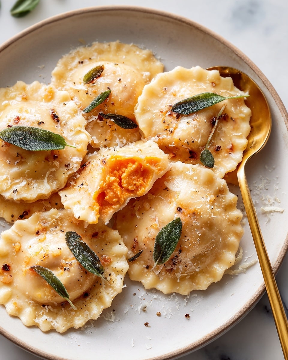 The image shows a close-up of several pieces of ravioli pasta on a white plate with a white marbled texture underneath. Each ravioli piece is light beige with a soft, slightly rough texture and edges that are crimped. One ravioli is cut open, revealing a bright orange filling inside. The ravioli are topped with small green sage leaves and a light sprinkling of black pepper and grated cheese, adding texture contrast. A golden spoon lies next to the pasta on the plate. photo taken with an iphone --ar 4:5 --v 7