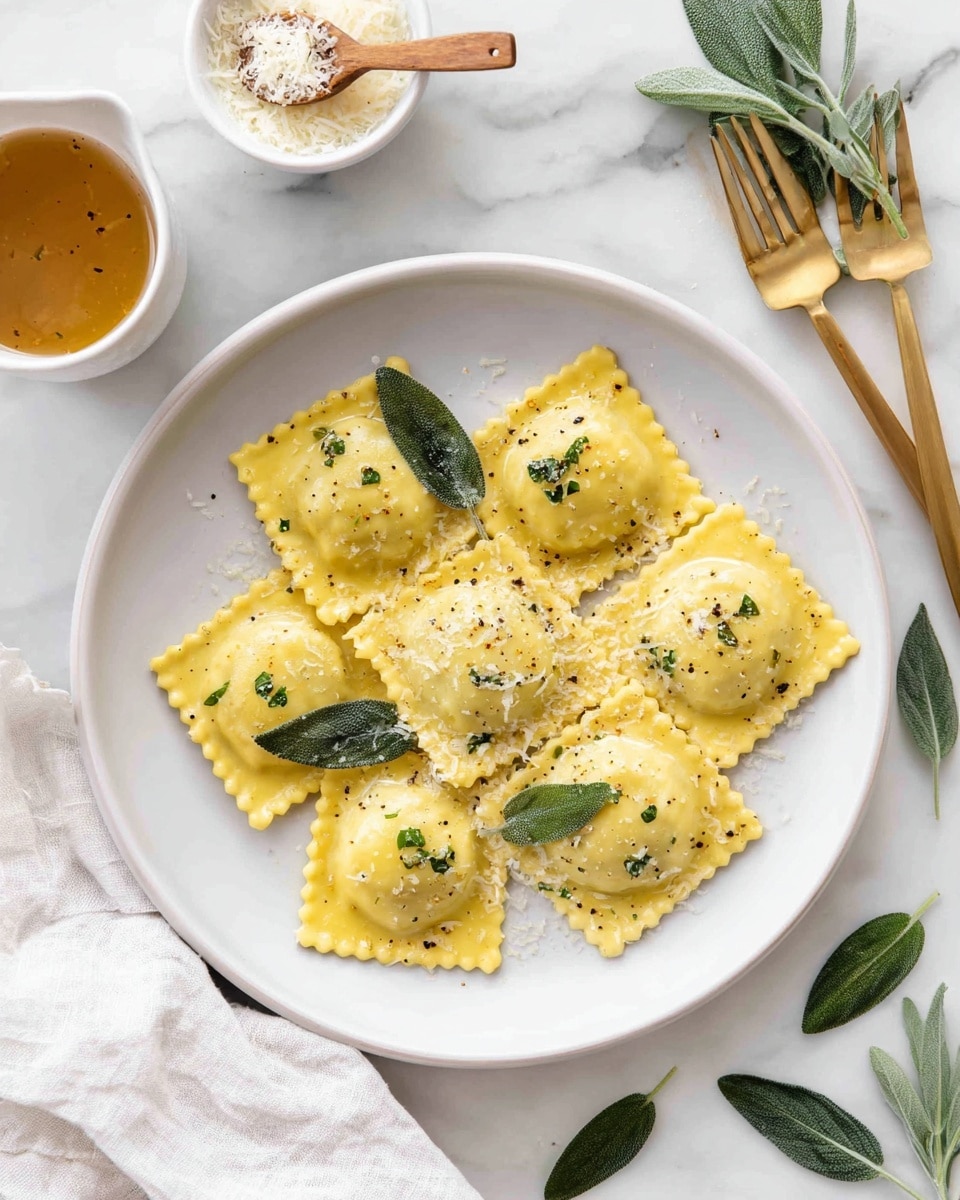 There is a white plate with seven large square ravioli pieces, each with a pale yellow, slightly shiny pasta dough texture. The ravioli are topped with small green sage leaves, a sprinkle of grated cheese, and a few black pepper flakes, with a light butter sauce coating the pasta giving it a glistening look. Around the plate, parts of a wooden spoon with grated cheese sit in a small white bowl with ridged edges, a small cup with a little light brown sauce, and gold-colored forks rest near the upper right corner. The scene is set on a white marbled surface with a textured light cloth partially visible at the bottom left. Photo taken with an iphone --ar 4:5 --v 7